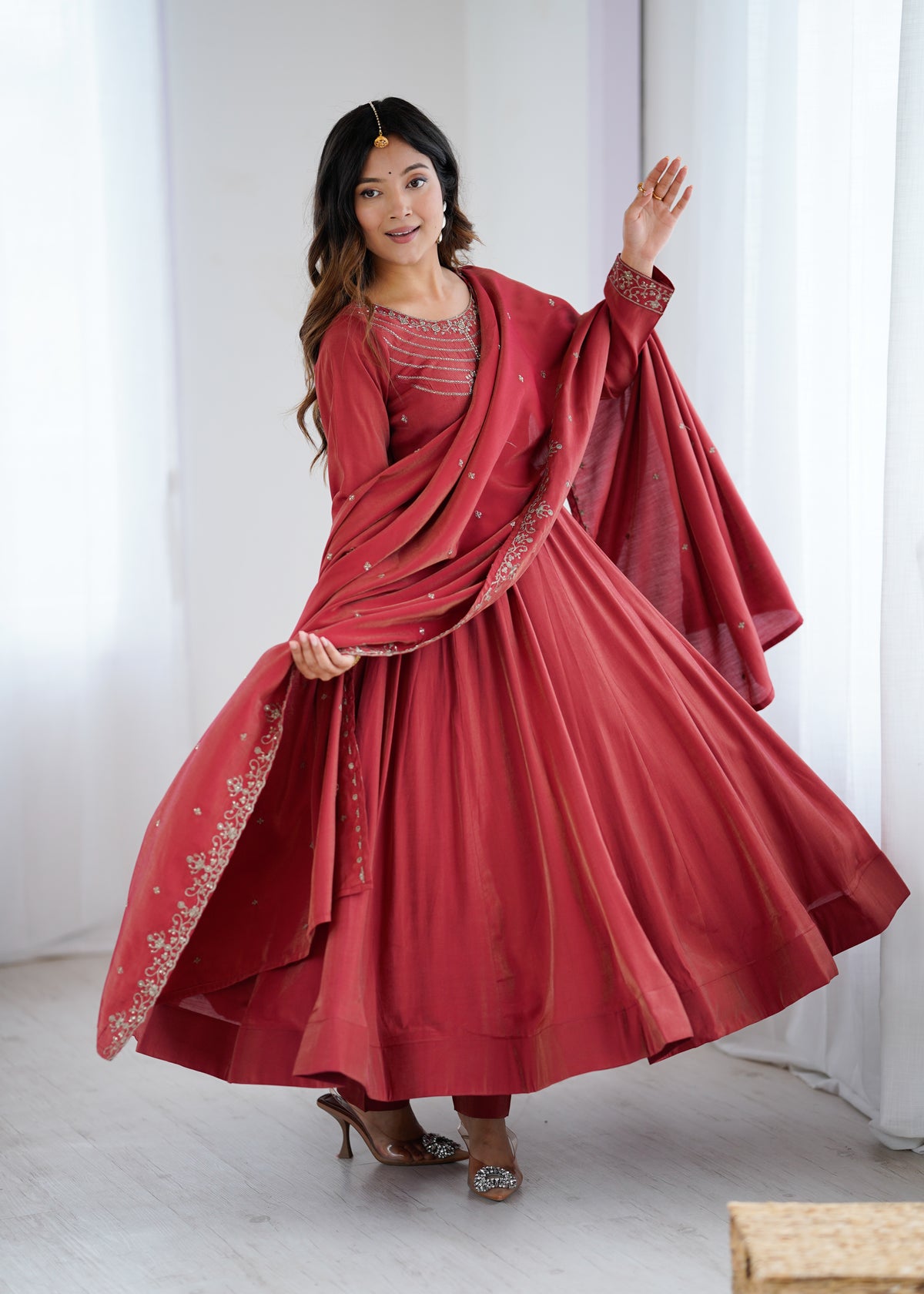Maroon Roman Shimmer Chanderi Silk Embellished Anarkali Gown Set with Dupatta & Pant