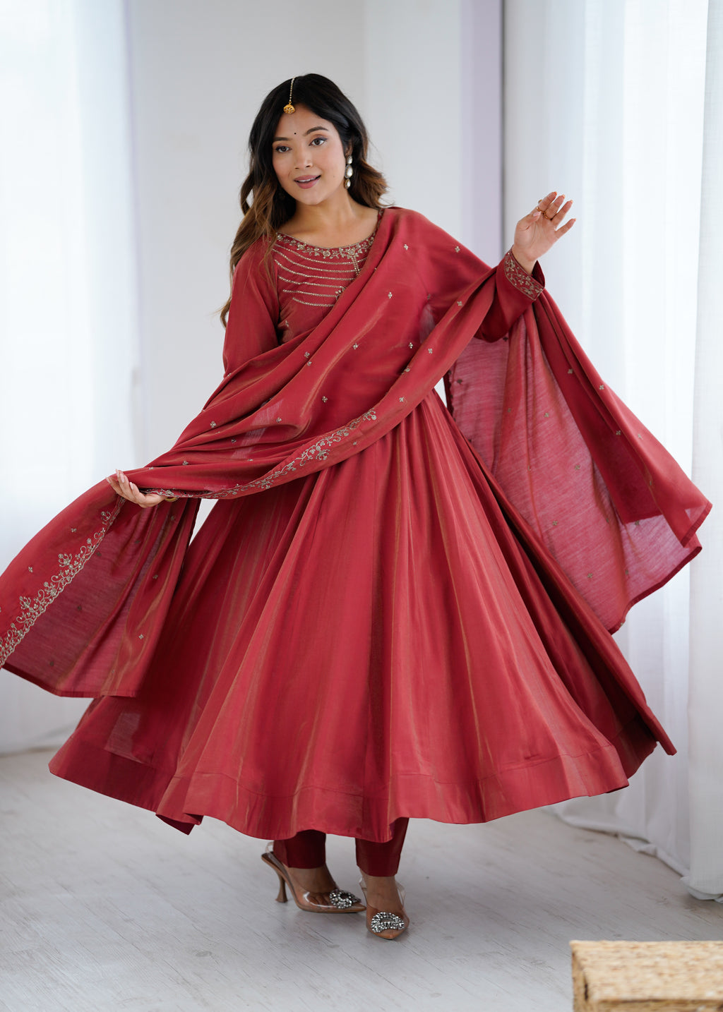 Maroon Roman Shimmer Chanderi Silk Embellished Anarkali Gown Set with Dupatta & Pant