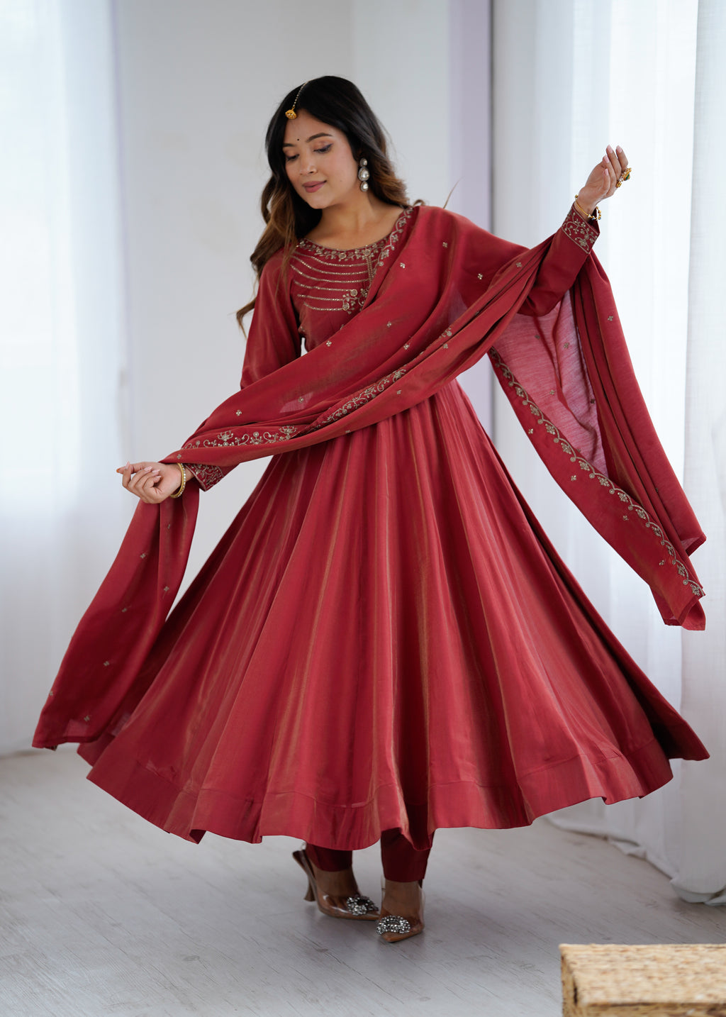 Maroon Roman Shimmer Chanderi Silk Embellished Anarkali Gown Set with Dupatta & Pant