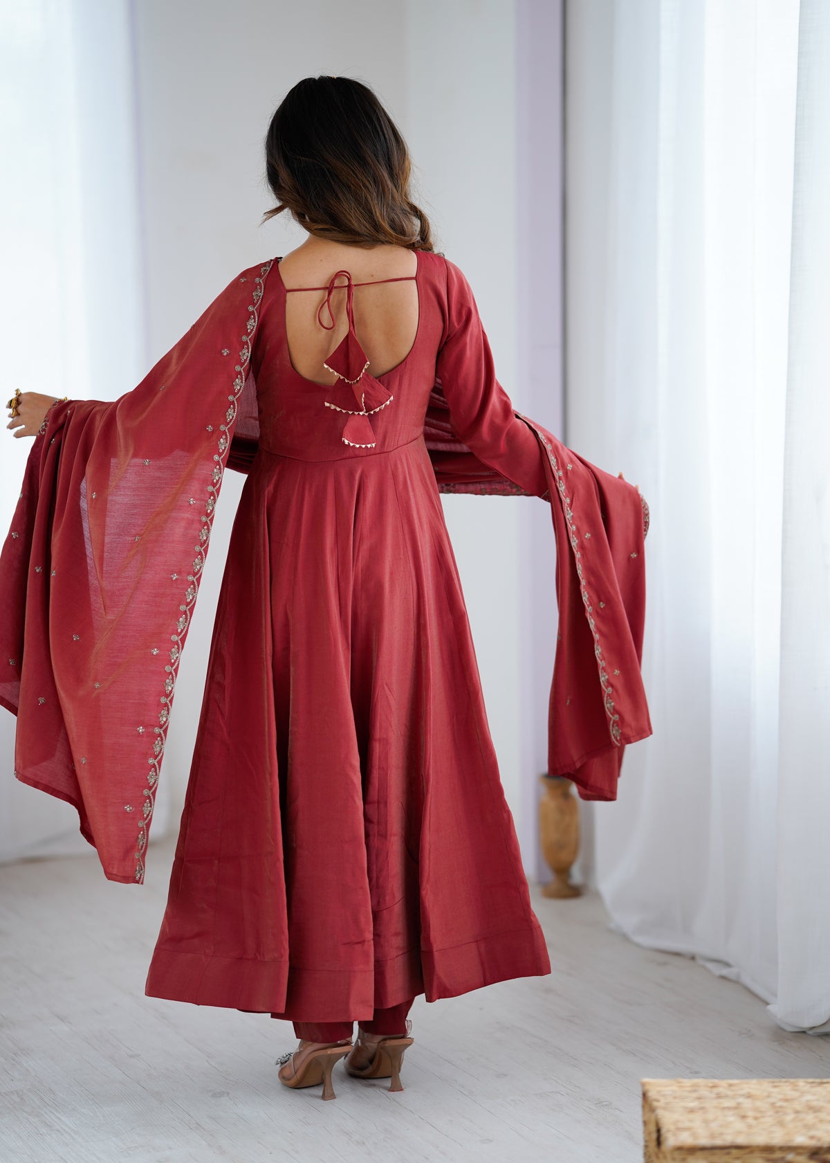 Maroon Roman Shimmer Chanderi Silk Embellished Anarkali Gown Set with Dupatta & Pant