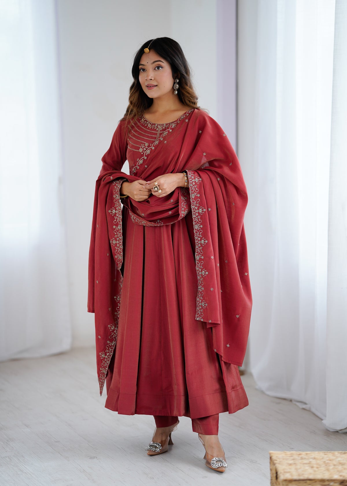 Maroon Roman Shimmer Chanderi Silk Embellished Anarkali Gown Set with Dupatta & Pant