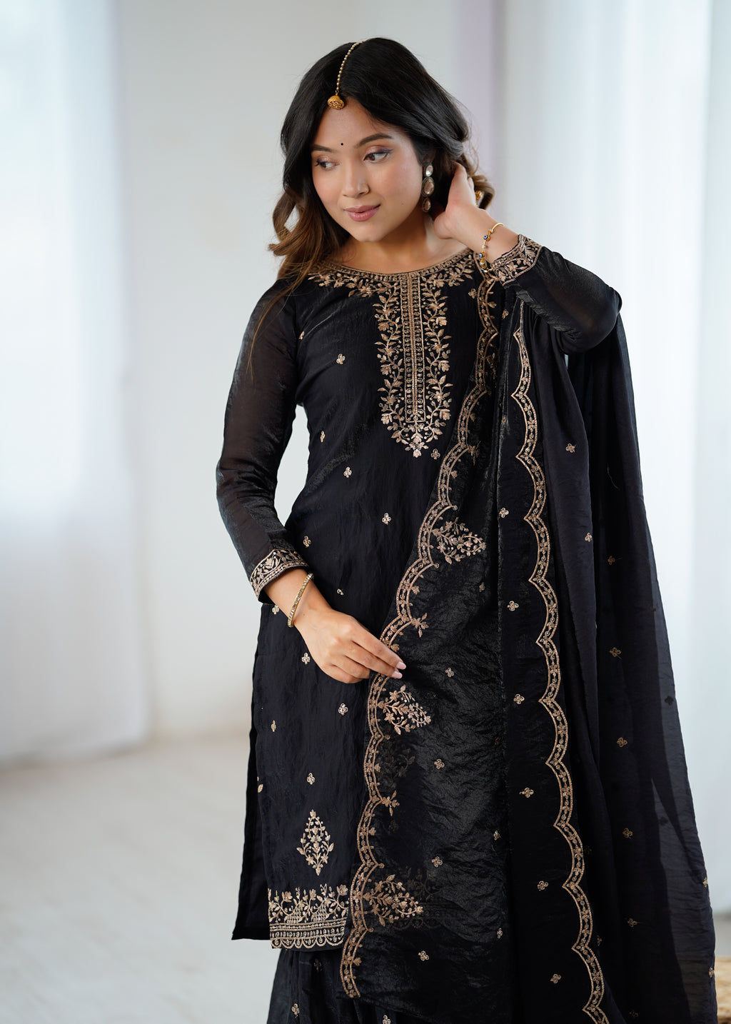 Crunchy Silk Embroidered Sharara Set with Jari, Sequence & Dupatta Work