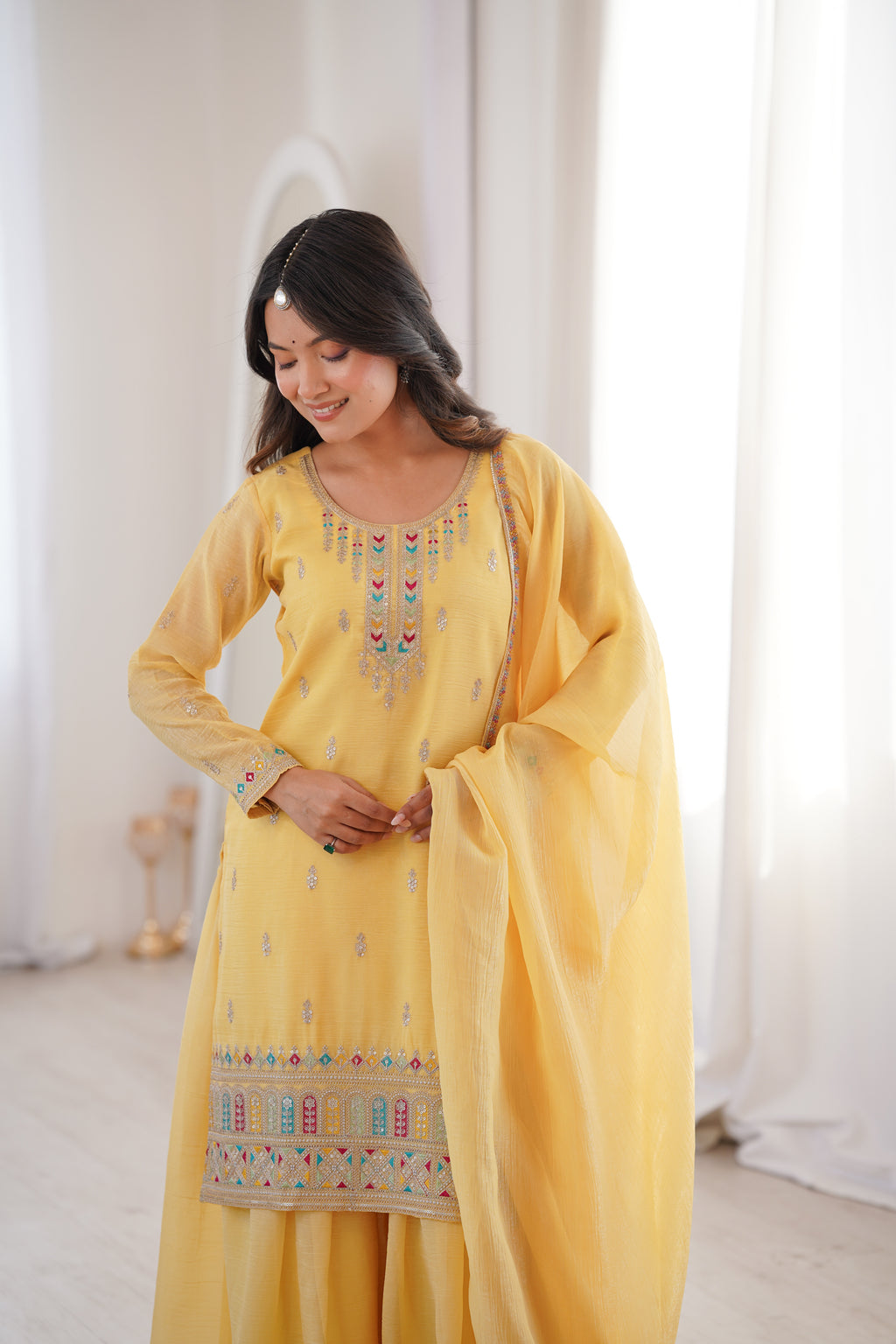 Premium Crunchy Silk Embroidered Sharara Set with Multicolor Lace Dupatta