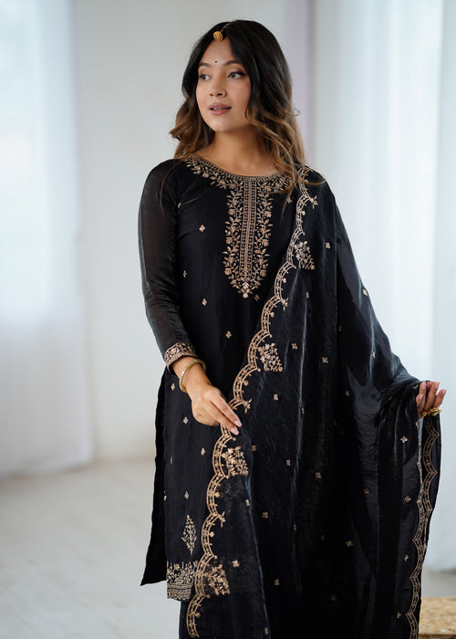 Crunchy Silk Embroidered Sharara Set with Jari, Sequence & Dupatta Work
