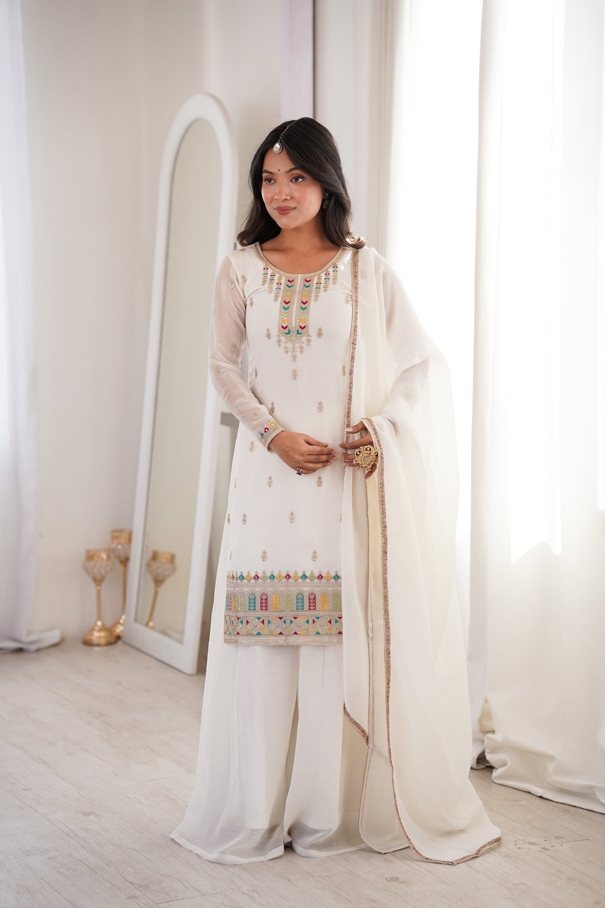 Premium Crunchy Silk Embroidered Sharara Set with Multicolor Lace Dupatta
