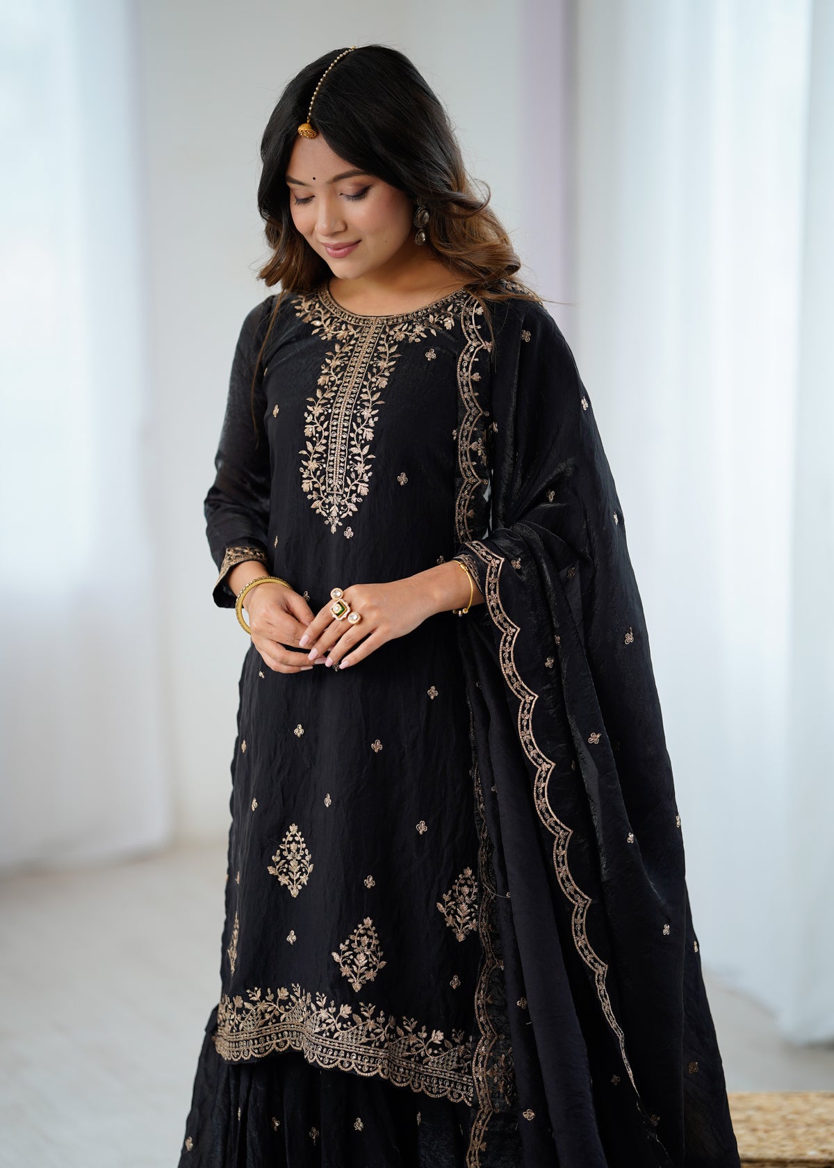 Crunchy Silk Embroidered Sharara Set with Jari, Sequence & Dupatta Work