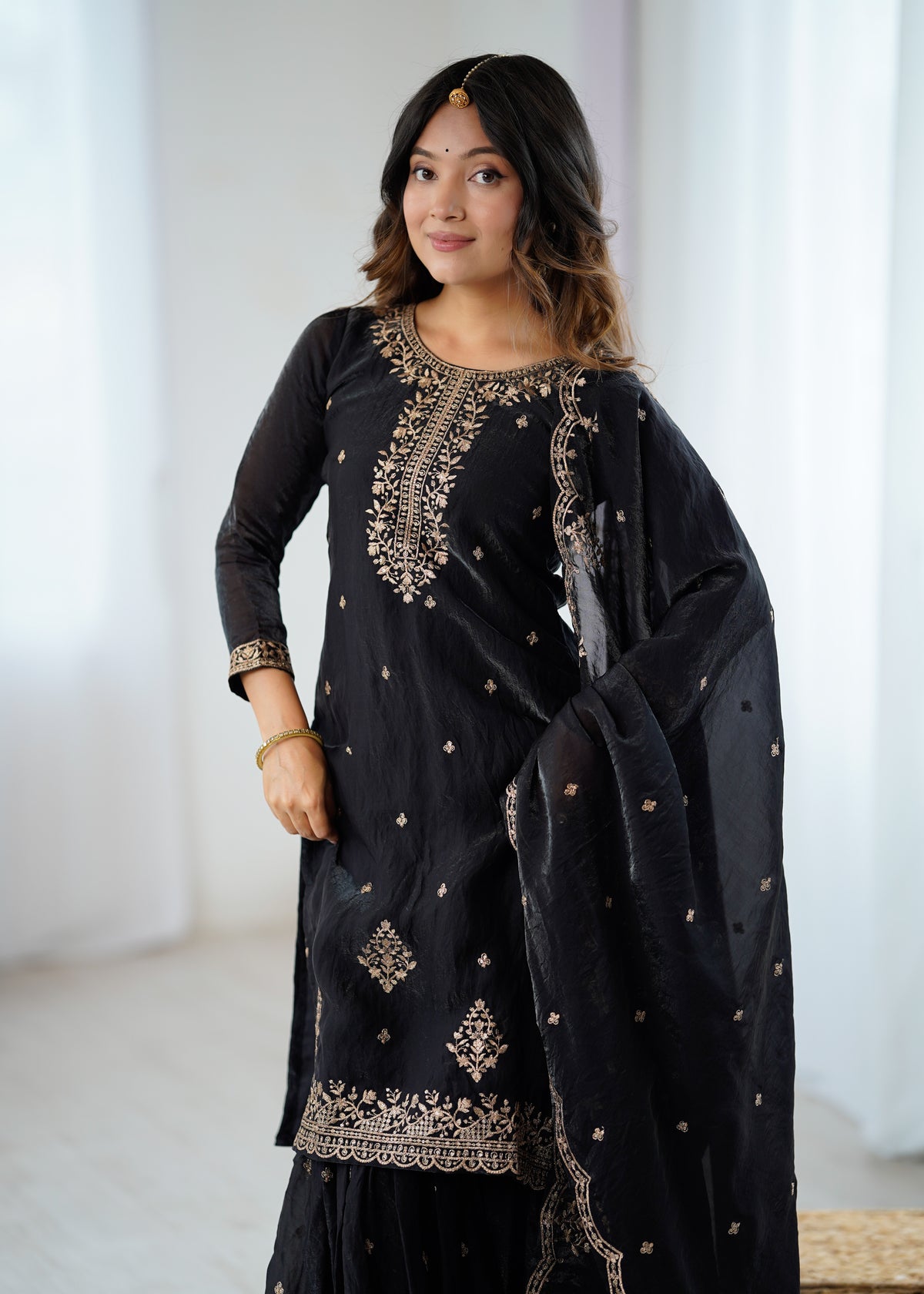 Crunchy Silk Embroidered Sharara Set with Jari, Sequence & Dupatta Work