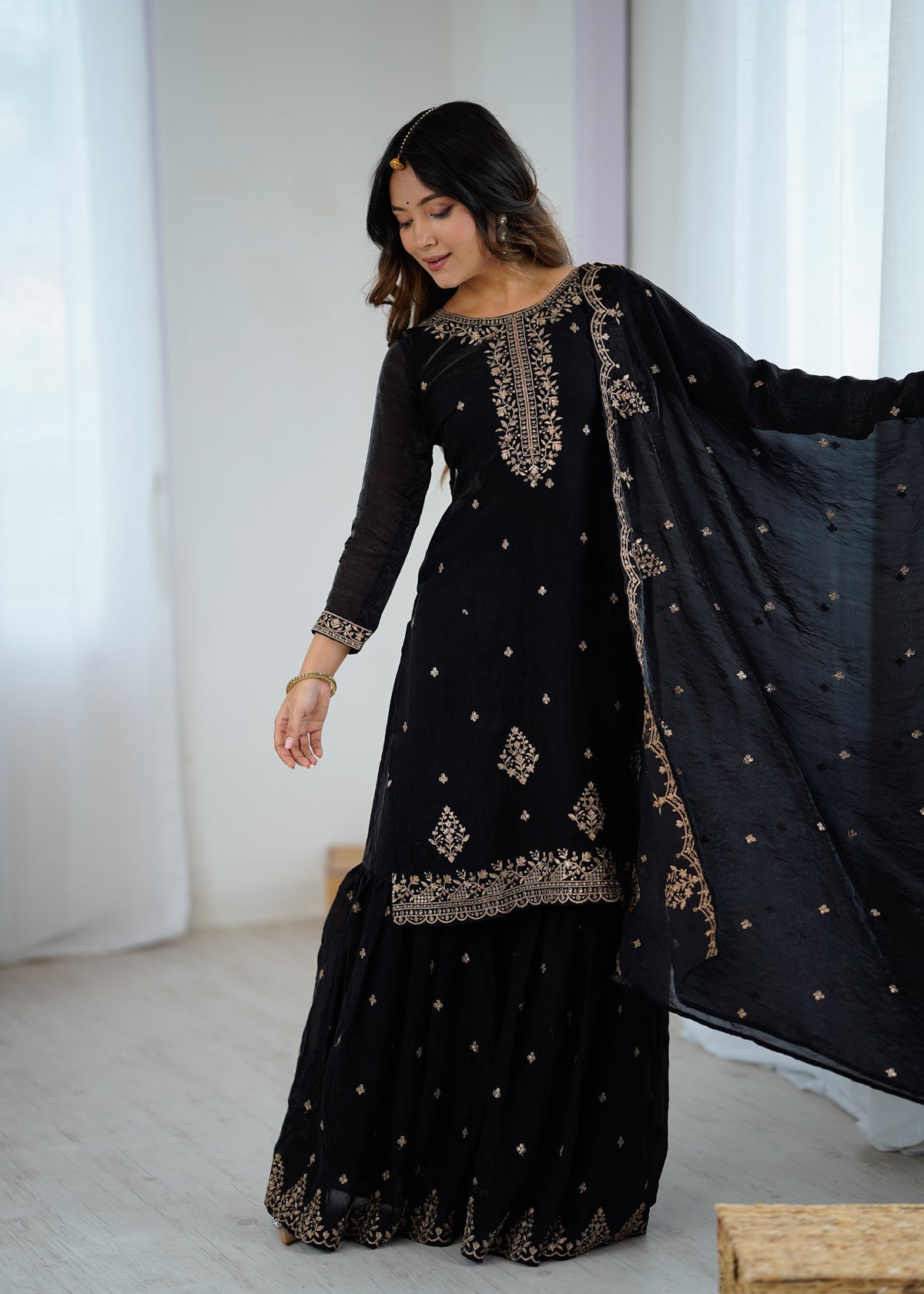 Crunchy Silk Embroidered Sharara Set with Jari, Sequence & Dupatta Work