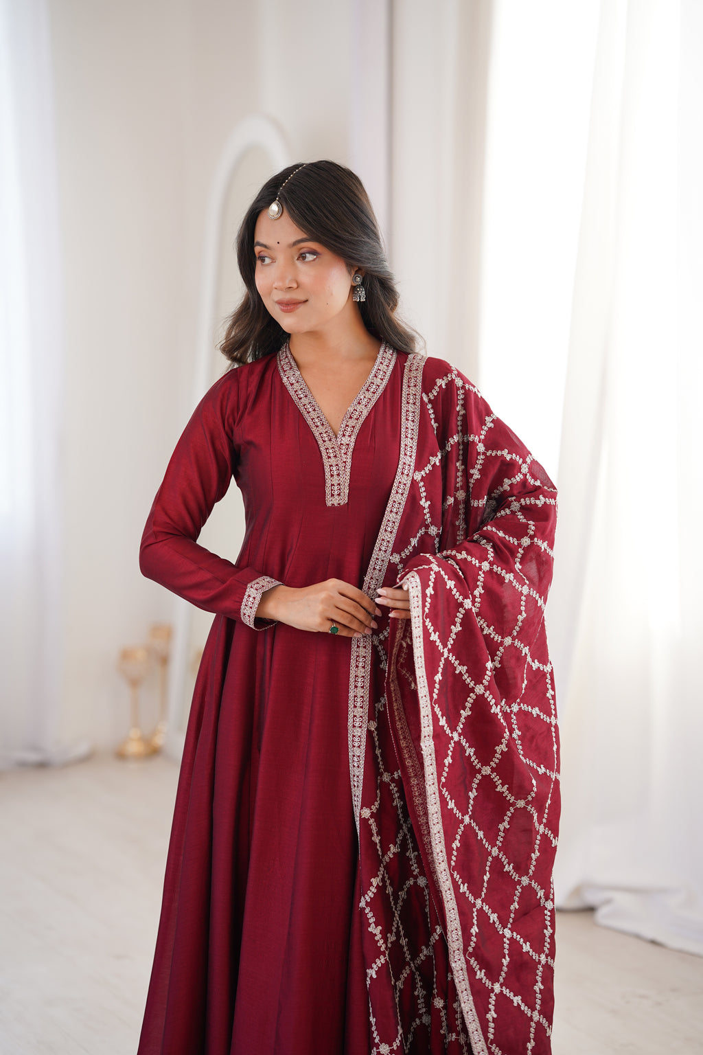 Premium Rust Crunchy Silk Anarkali Gown with Jari, Sequin & Beadwork Dupatta