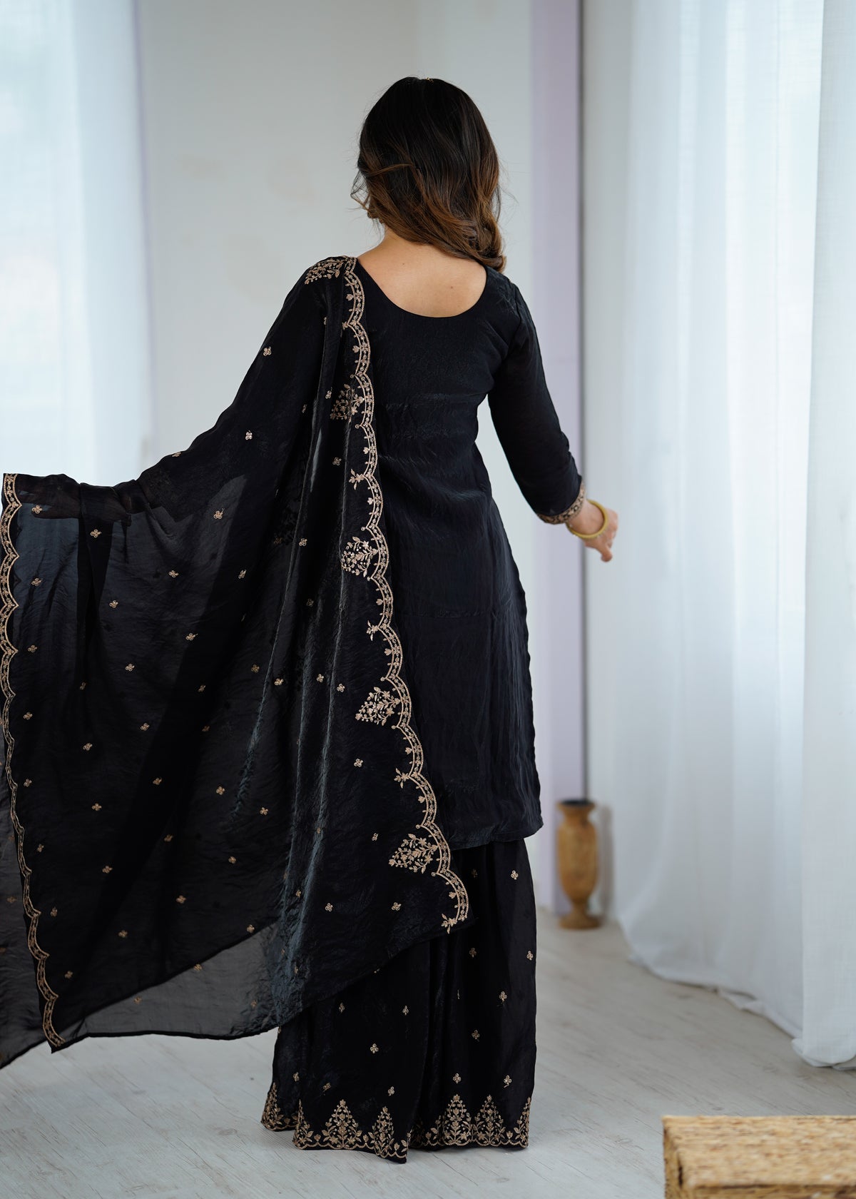 Crunchy Silk Embroidered Sharara Set with Jari, Sequence & Dupatta Work