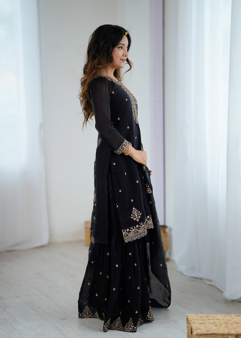Crunchy Silk Embroidered Sharara Set with Jari, Sequence & Dupatta Work