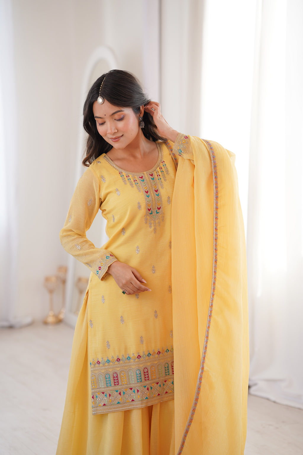 Premium Crunchy Silk Embroidered Sharara Set with Multicolor Lace Dupatta