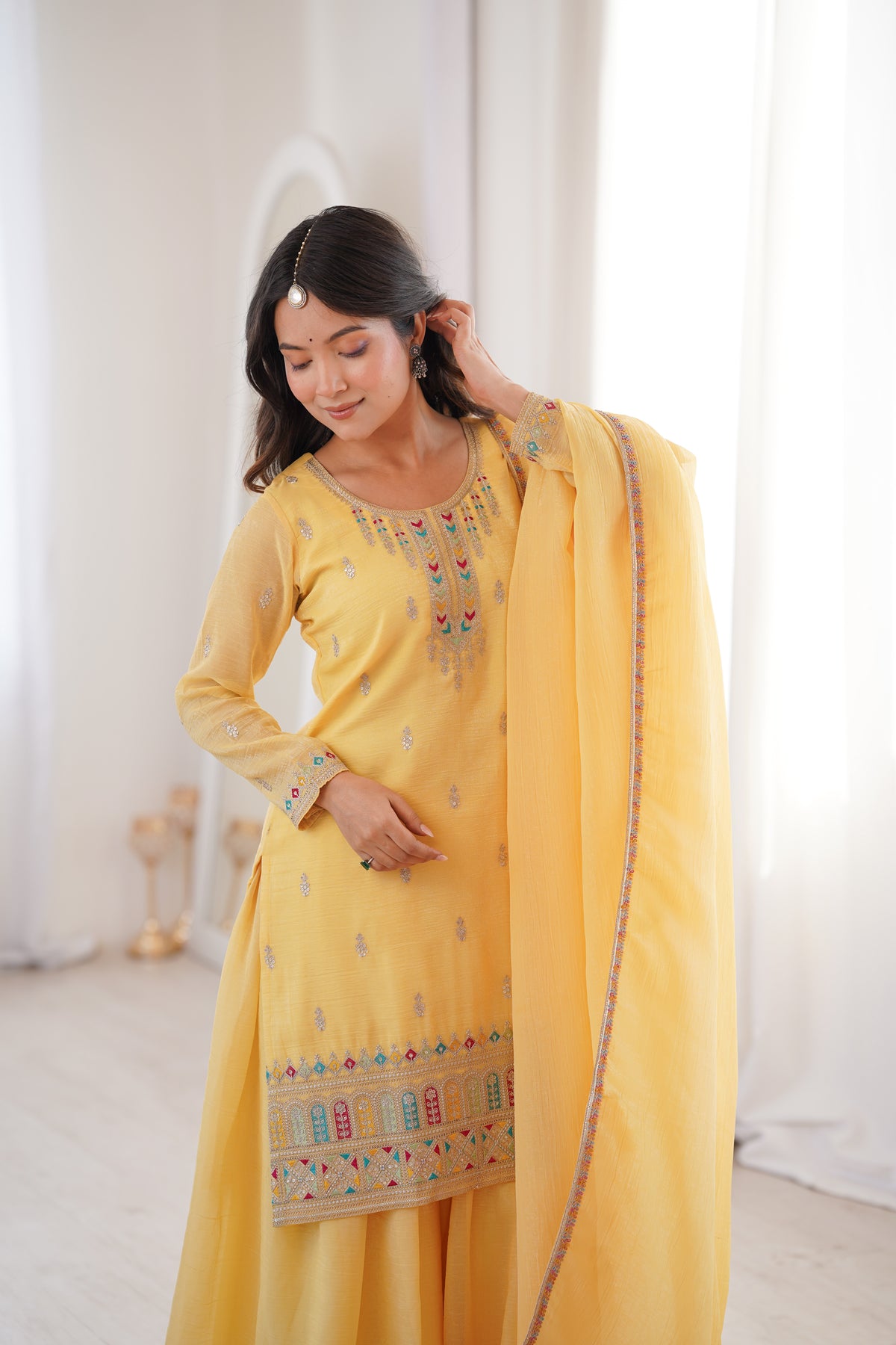 Premium Crunchy Silk Embroidered Sharara Set with Multicolor Lace Dupatta