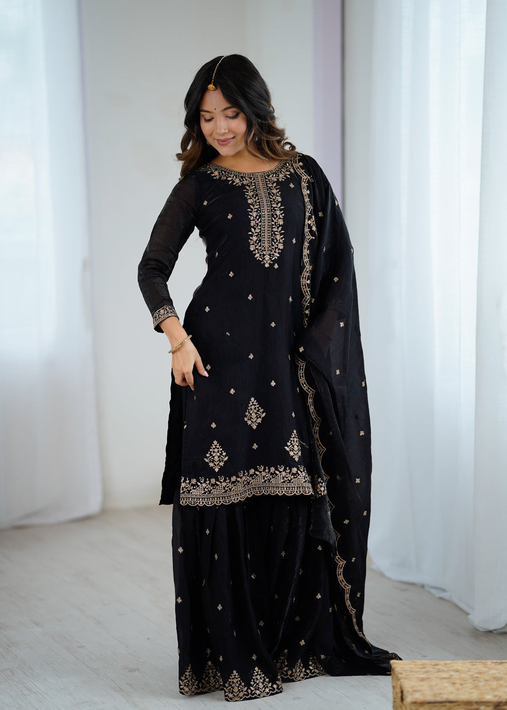 Crunchy Silk Embroidered Sharara Set with Jari, Sequence & Dupatta Work