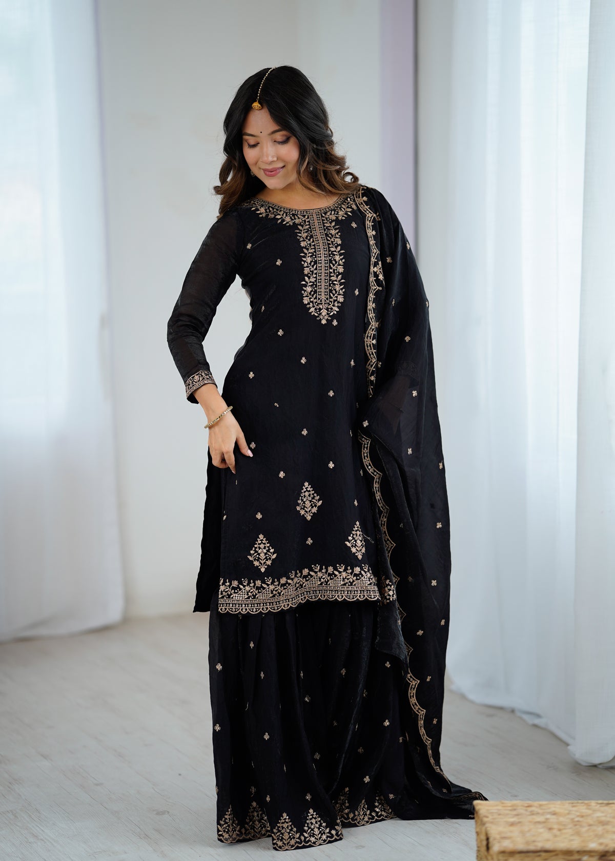 Crunchy Silk Embroidered Sharara Set with Jari, Sequence & Dupatta Work