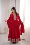 Dark Red Vichitra Silk Kali Anarkali Gown with Jari & Sequin Work Dupatta