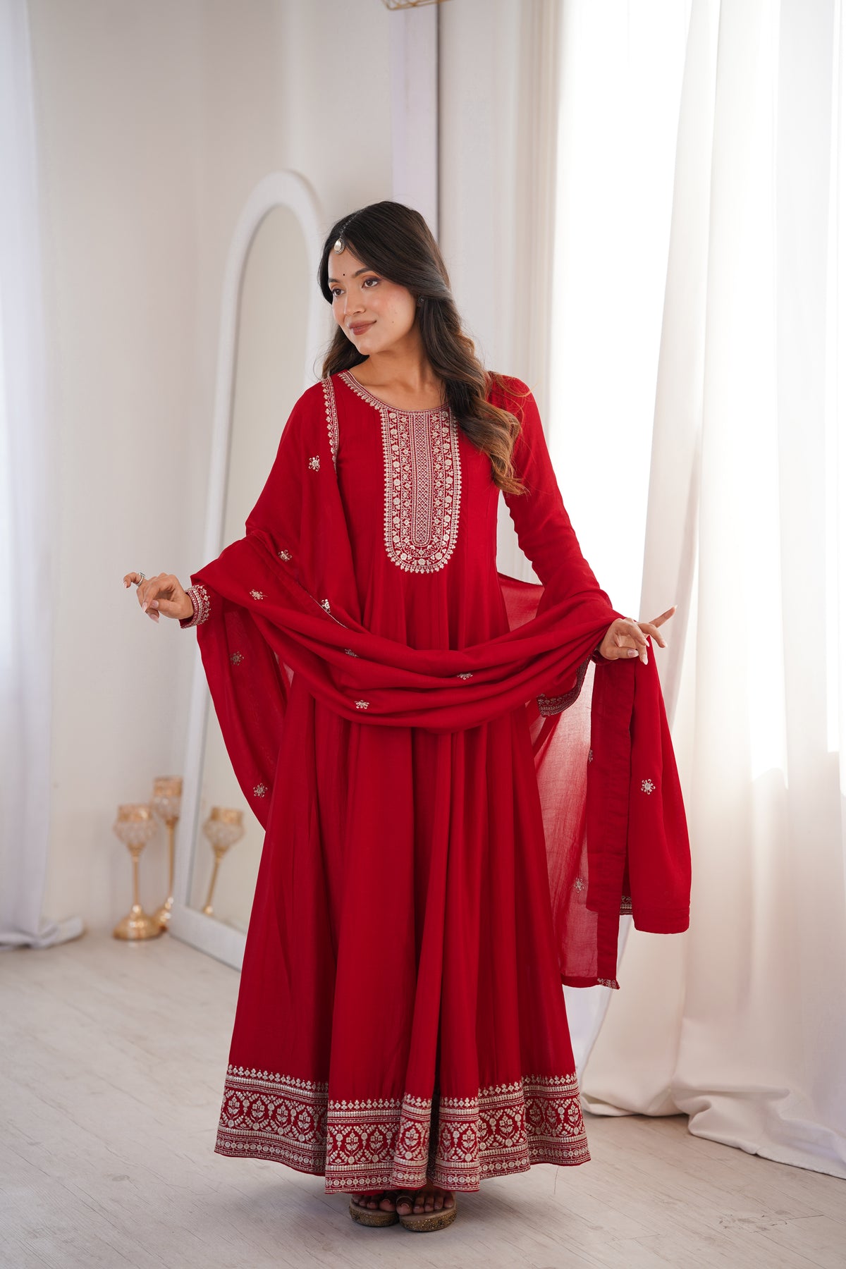 Dark Red Vichitra Silk Kali Anarkali Gown with Jari & Sequin Work Dupatta