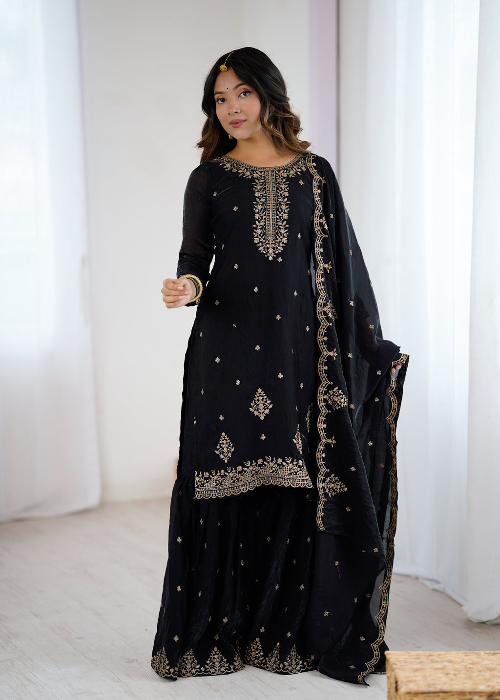 Crunchy Silk Embroidered Sharara Set with Jari, Sequence & Dupatta Work