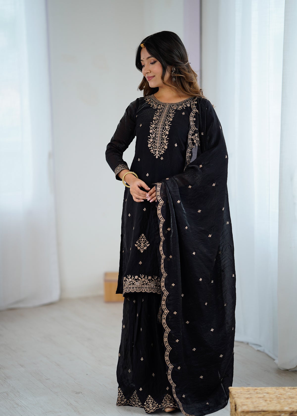 Crunchy Silk Embroidered Sharara Set with Jari, Sequence & Dupatta Work