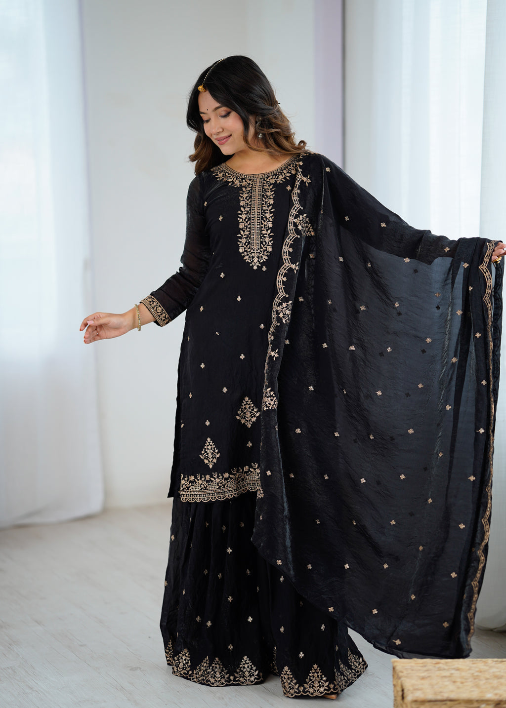 Crunchy Silk Embroidered Sharara Set with Jari, Sequence & Dupatta Work