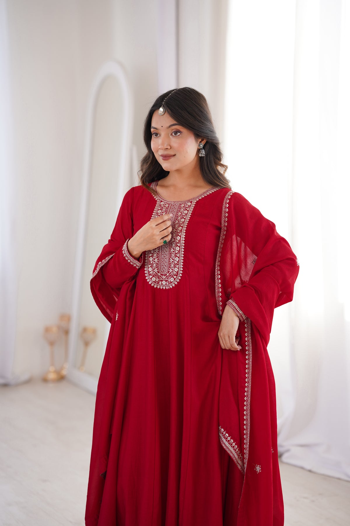 Dark Red Vichitra Silk Kali Anarkali Gown with Jari & Sequin Work Dupatta