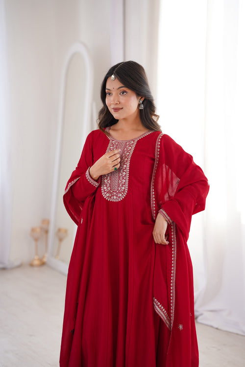 Dark Red Vichitra Silk Kali Anarkali Gown with Jari & Sequin Work Dupatta