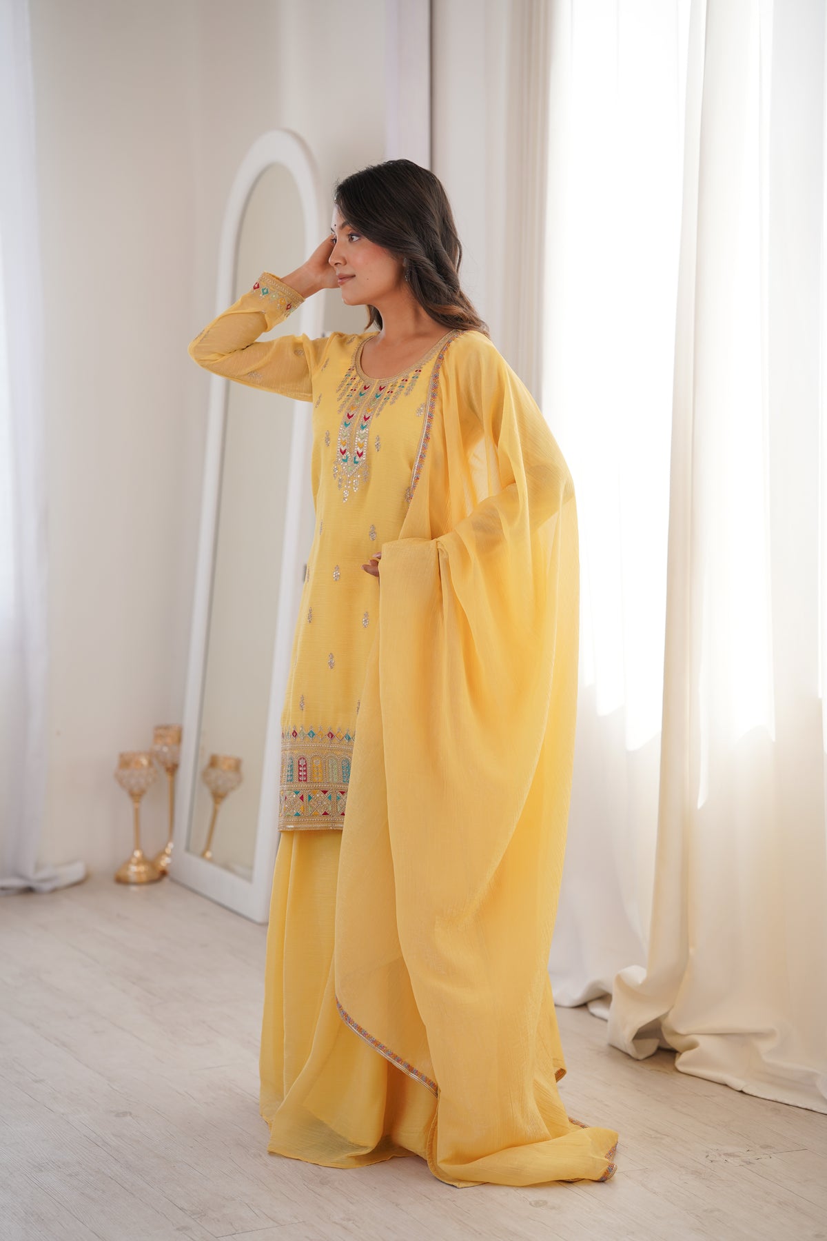 Premium Crunchy Silk Embroidered Sharara Set with Multicolor Lace Dupatta