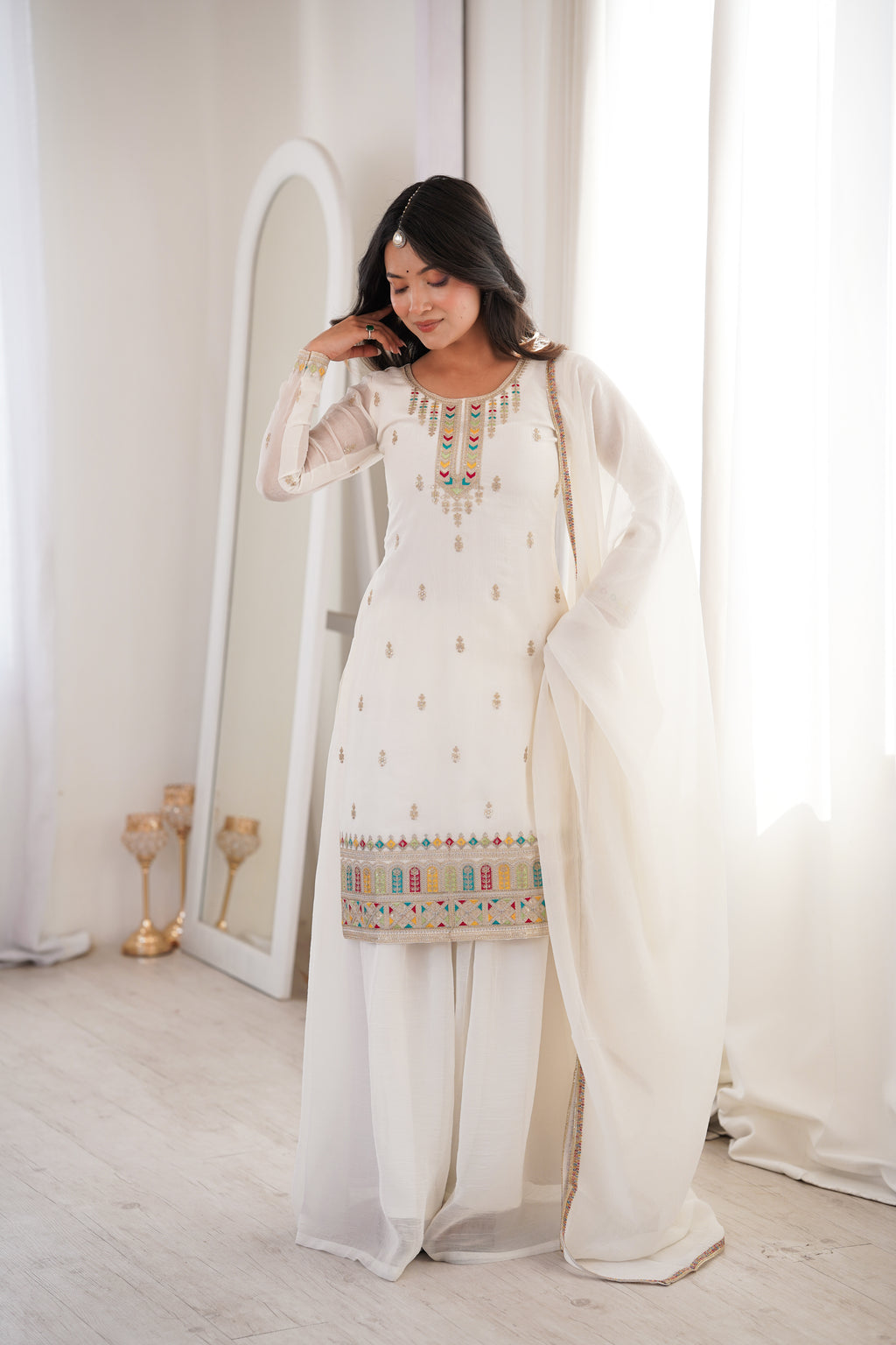 Premium Crunchy Silk Embroidered Sharara Set with Multicolor Lace Dupatta