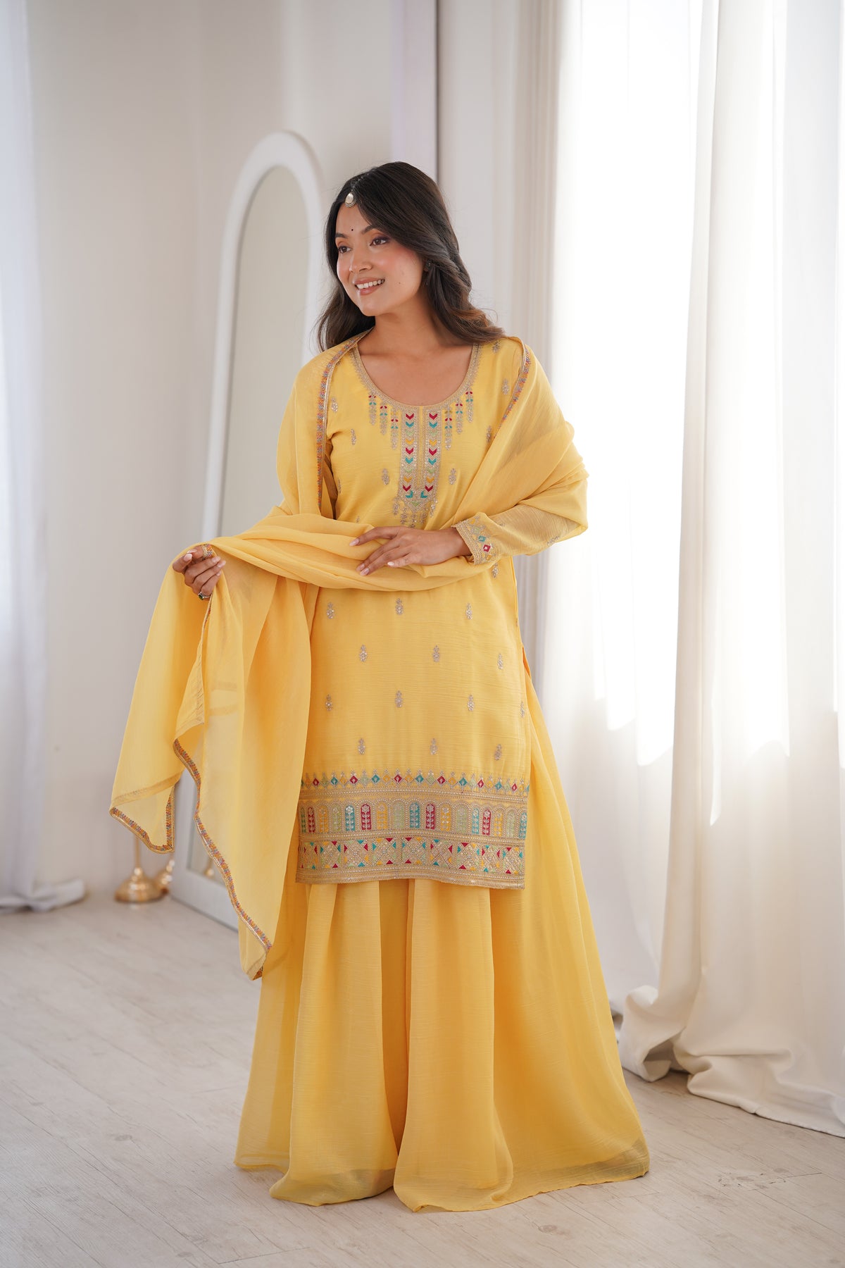 Premium Crunchy Silk Embroidered Sharara Set with Multicolor Lace Dupatta