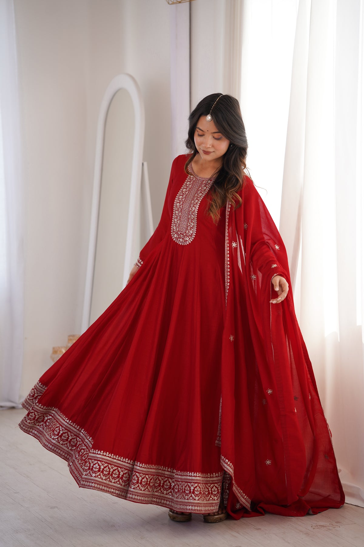 Dark Red Vichitra Silk Kali Anarkali Gown with Jari & Sequin Work Dupatta