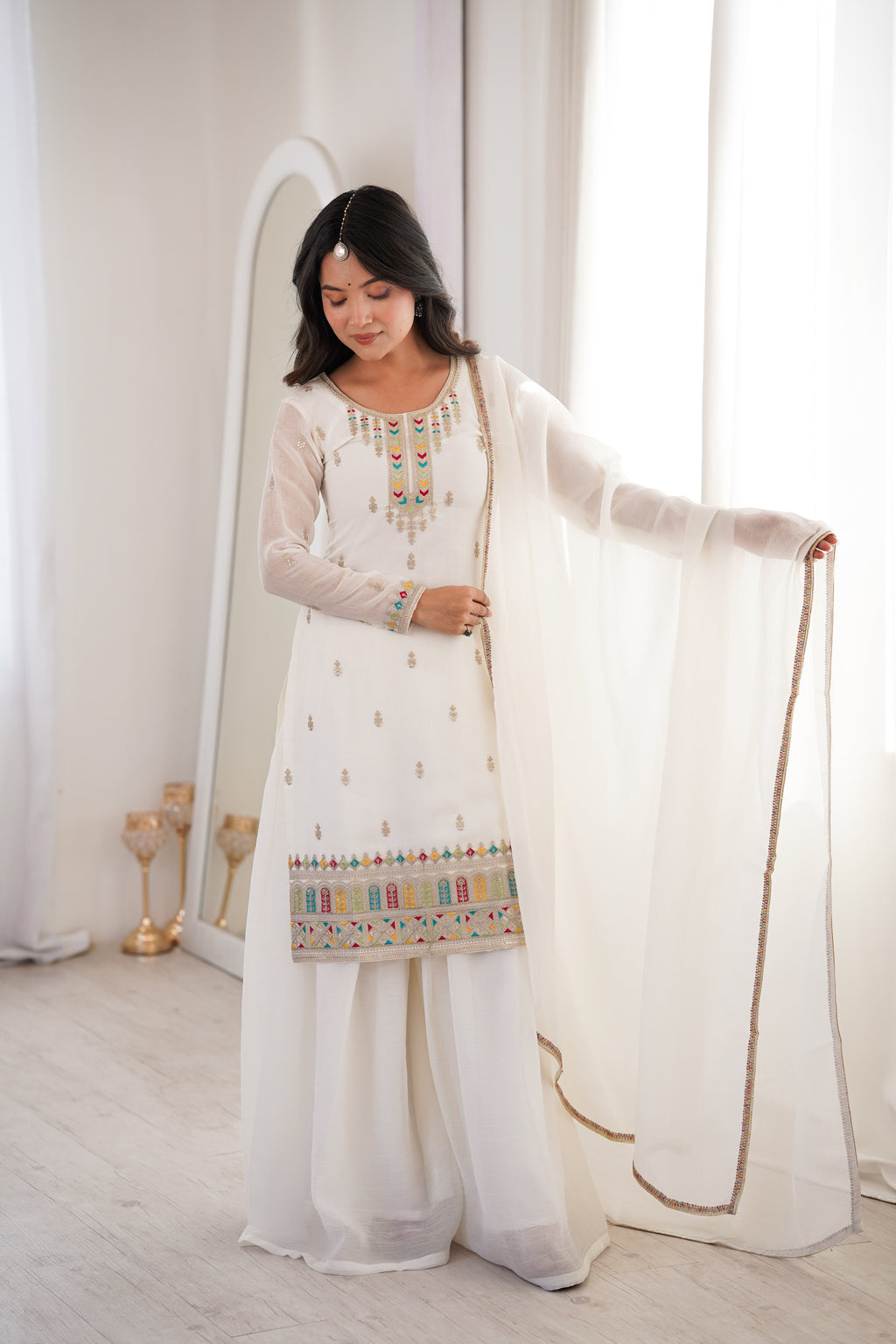 Premium Crunchy Silk Embroidered Sharara Set with Multicolor Lace Dupatta