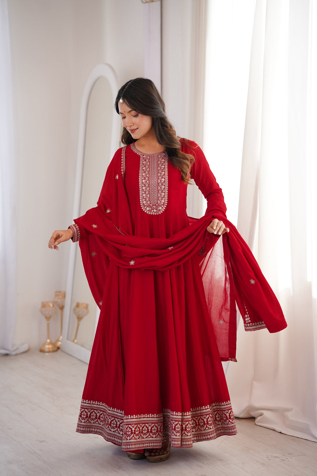 Dark Red Vichitra Silk Kali Anarkali Gown with Jari & Sequin Work Dupatta