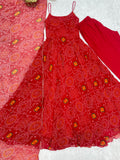 Lightweight Chiffon Bandhej 8M Flair Gown with Backless Dori Detail & Lace Dupatta