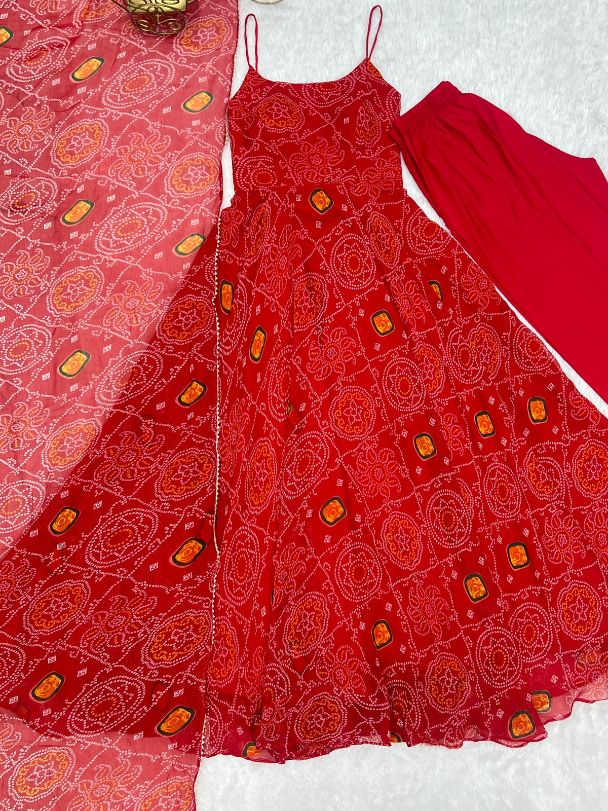 Lightweight Chiffon Bandhej 8M Flair Gown with Backless Dori Detail & Lace Dupatta