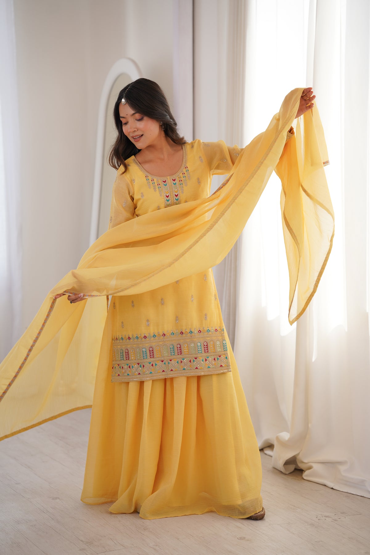 Premium Crunchy Silk Embroidered Sharara Set with Multicolor Lace Dupatta