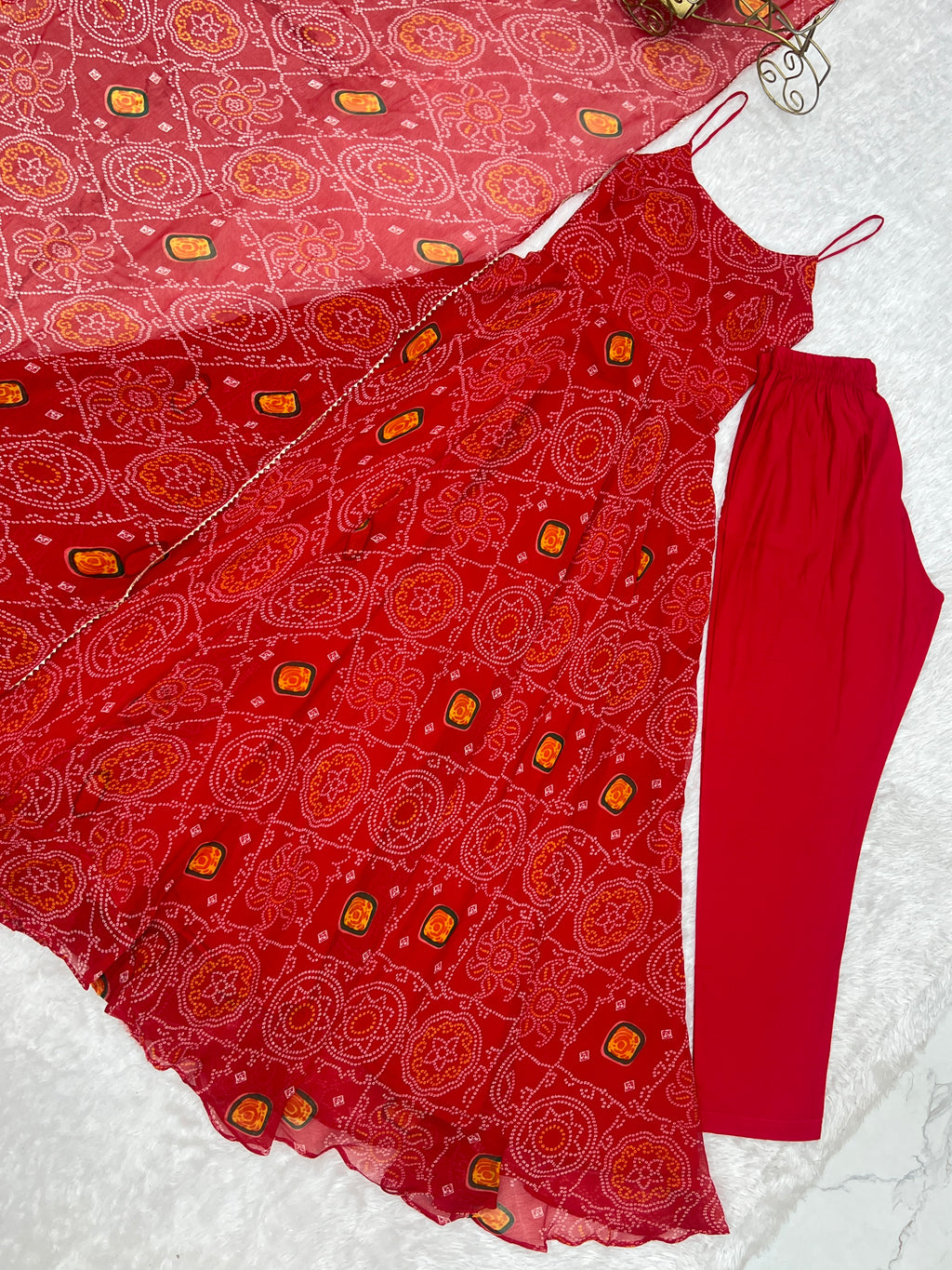 Lightweight Chiffon Bandhej 8M Flair Gown with Backless Dori Detail & Lace Dupatta