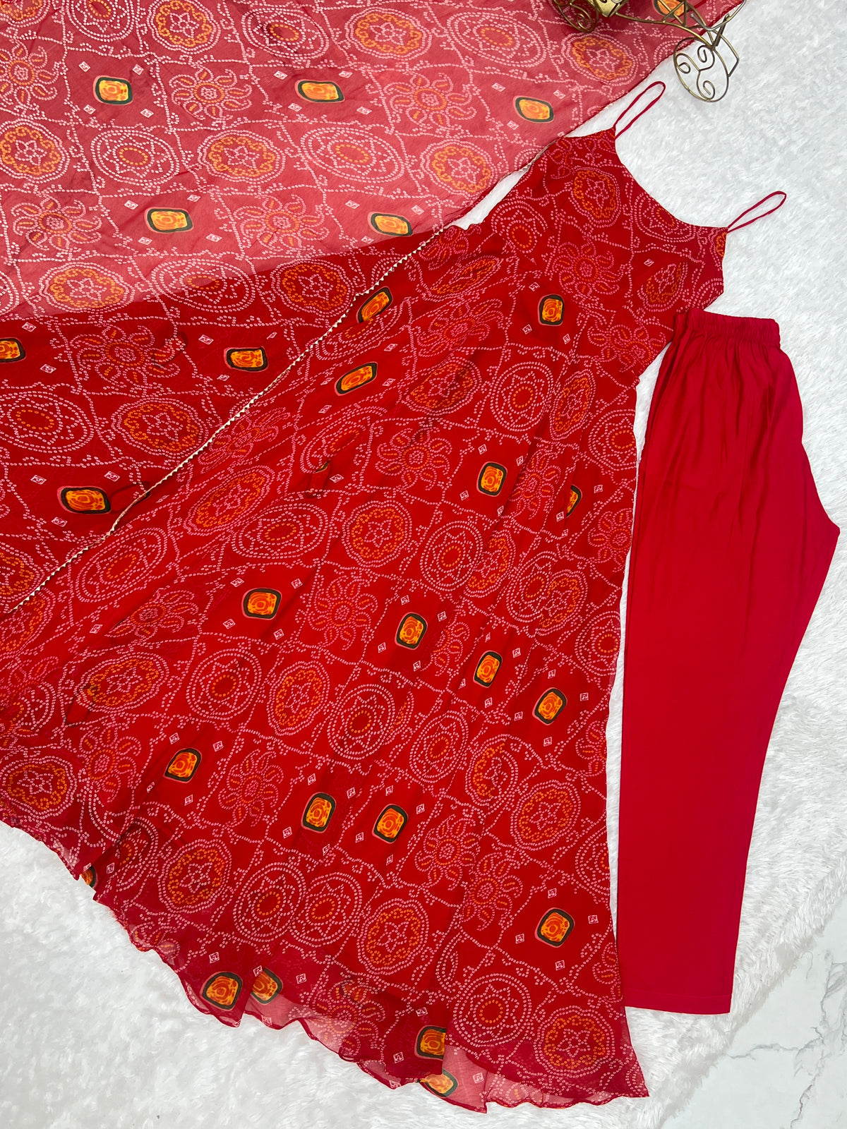 Lightweight Chiffon Bandhej 8M Flair Gown with Backless Dori Detail & Lace Dupatta