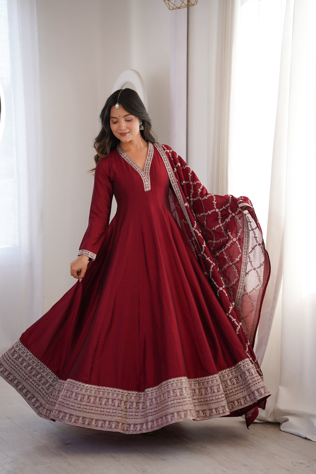Premium Rust Crunchy Silk Anarkali Gown with Jari, Sequin & Beadwork Dupatta