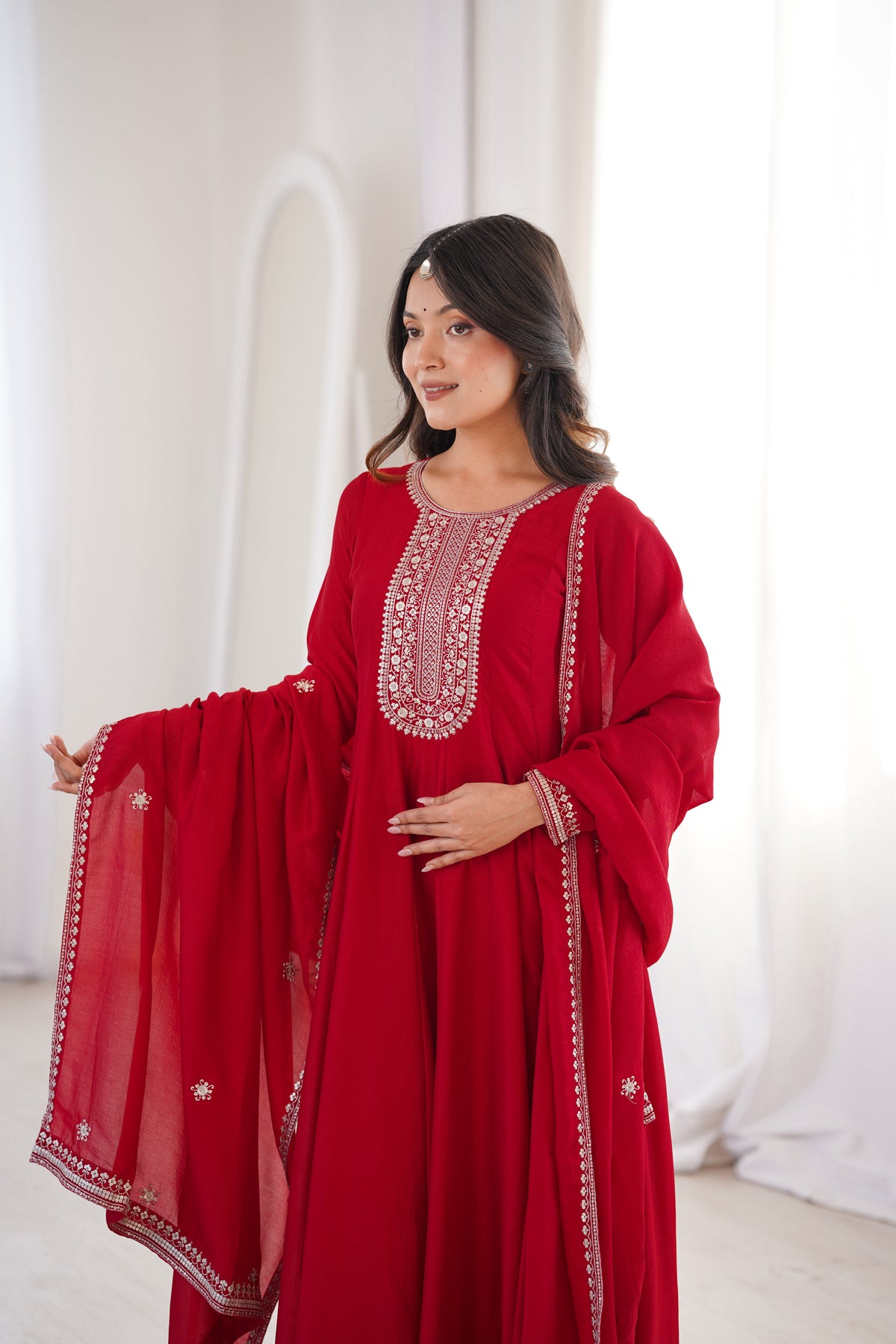 Dark Red Vichitra Silk Kali Anarkali Gown with Jari & Sequin Work Dupatta