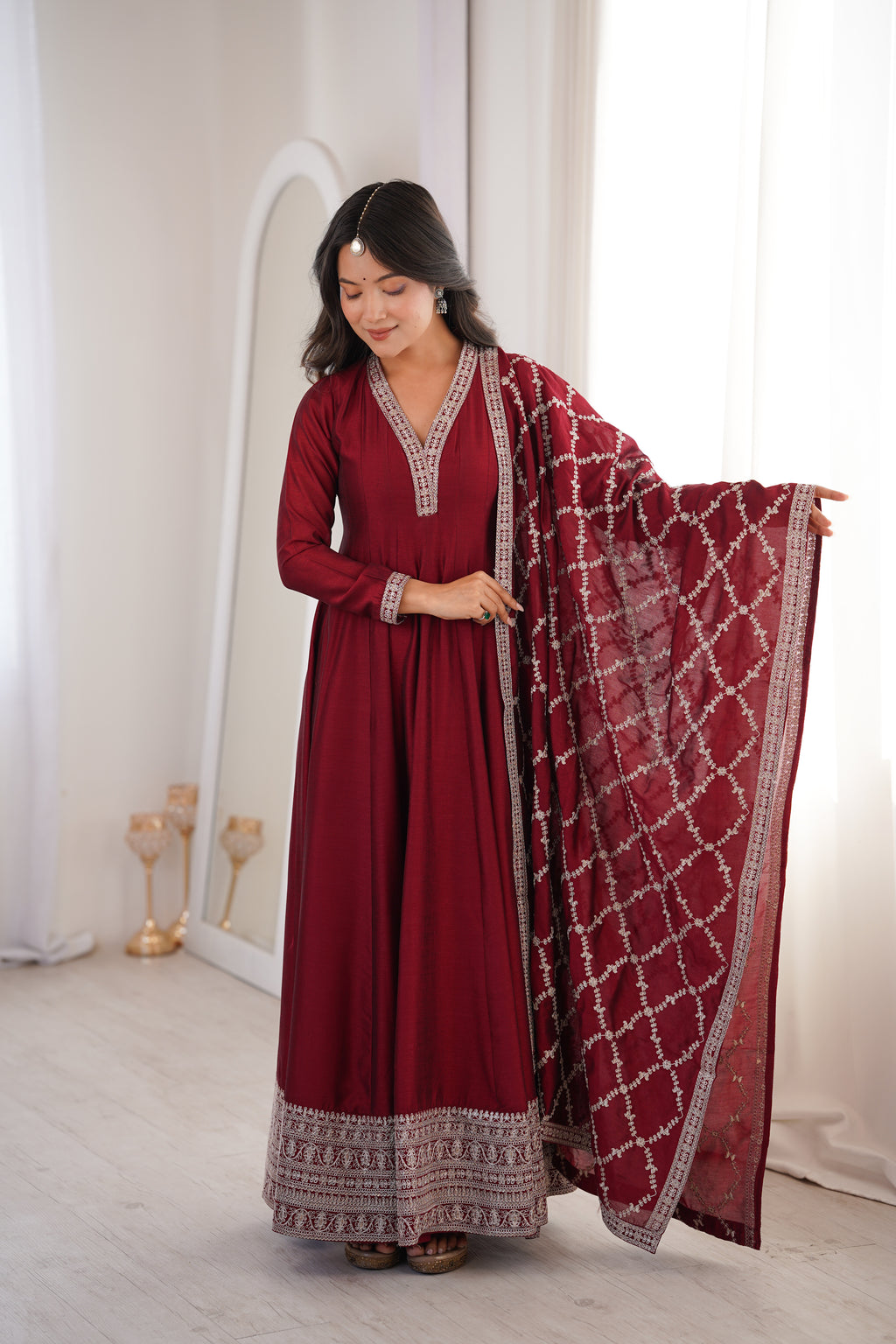 Premium Rust Crunchy Silk Anarkali Gown with Jari, Sequin & Beadwork Dupatta