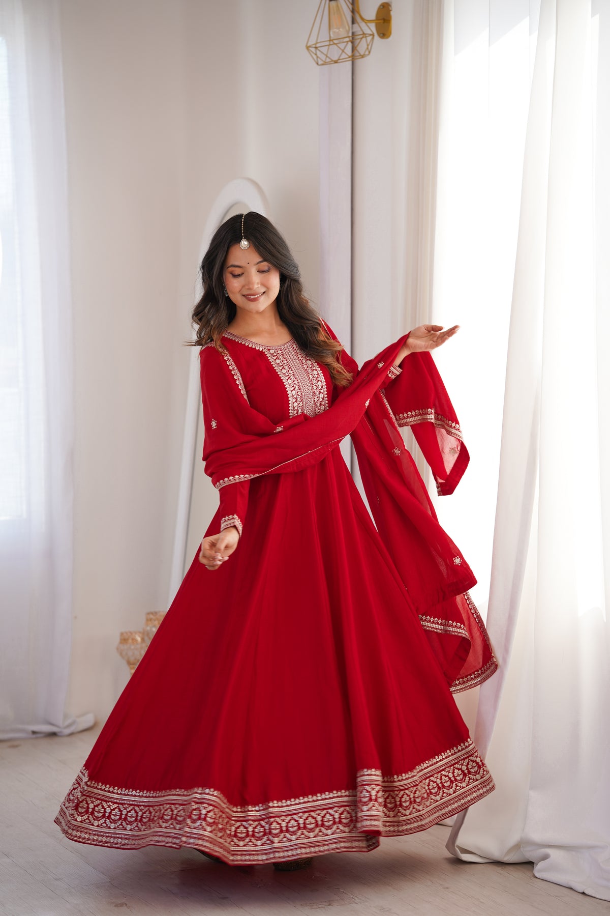 Dark Red Vichitra Silk Kali Anarkali Gown with Jari & Sequin Work Dupatta
