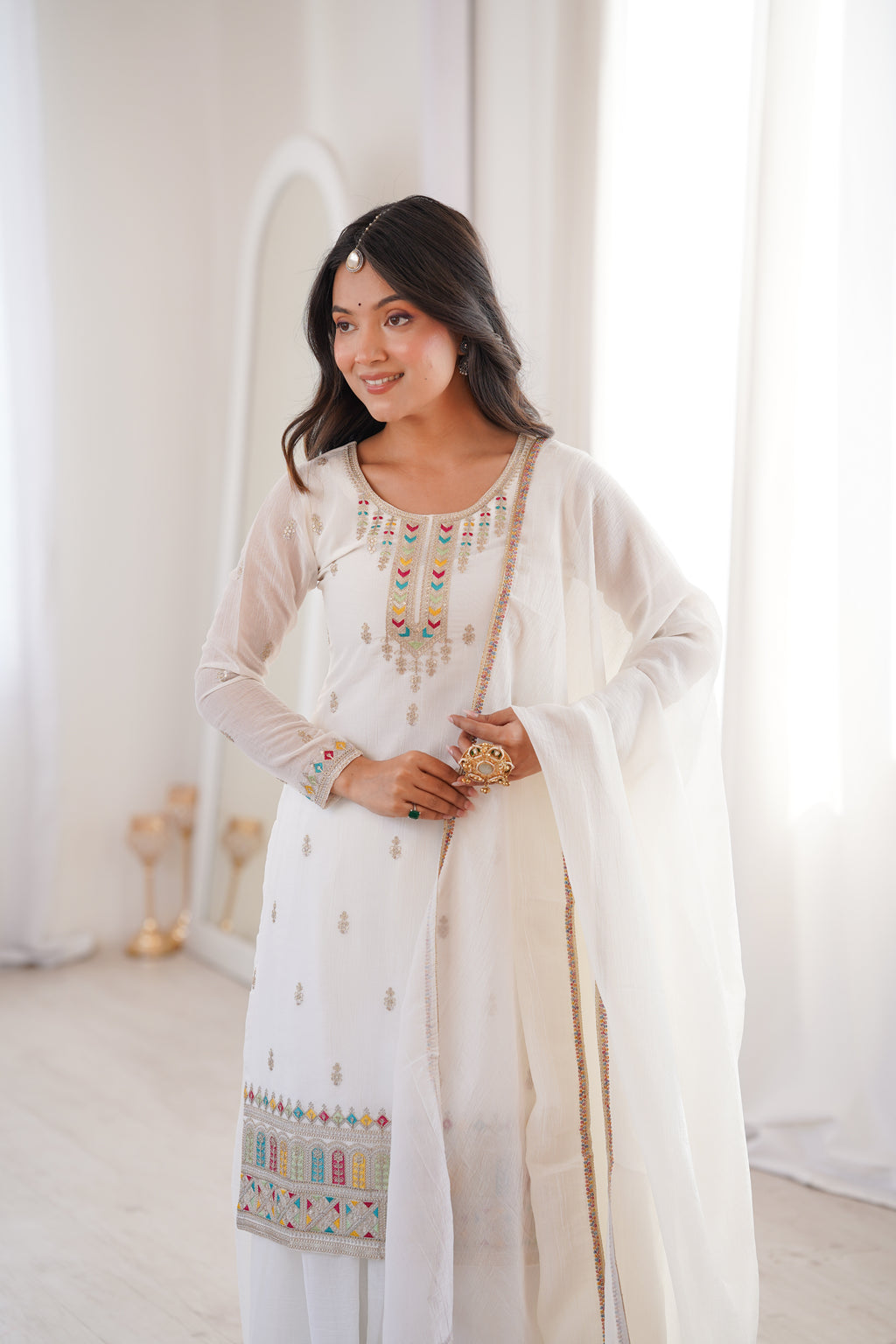 Premium Crunchy Silk Embroidered Sharara Set with Multicolor Lace Dupatta