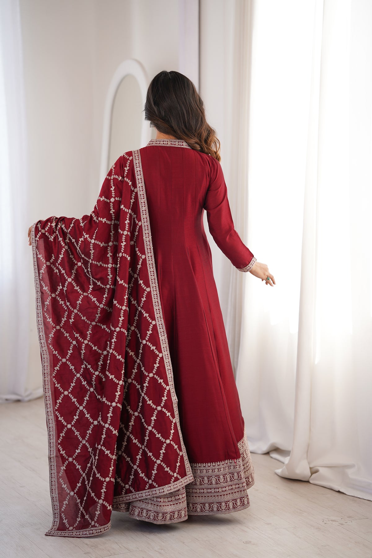Premium Rust Crunchy Silk Anarkali Gown with Jari, Sequin & Beadwork Dupatta