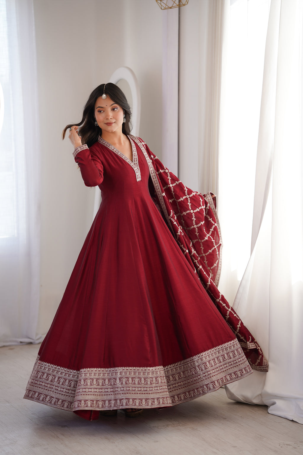 Premium Rust Crunchy Silk Anarkali Gown with Jari, Sequin & Beadwork Dupatta