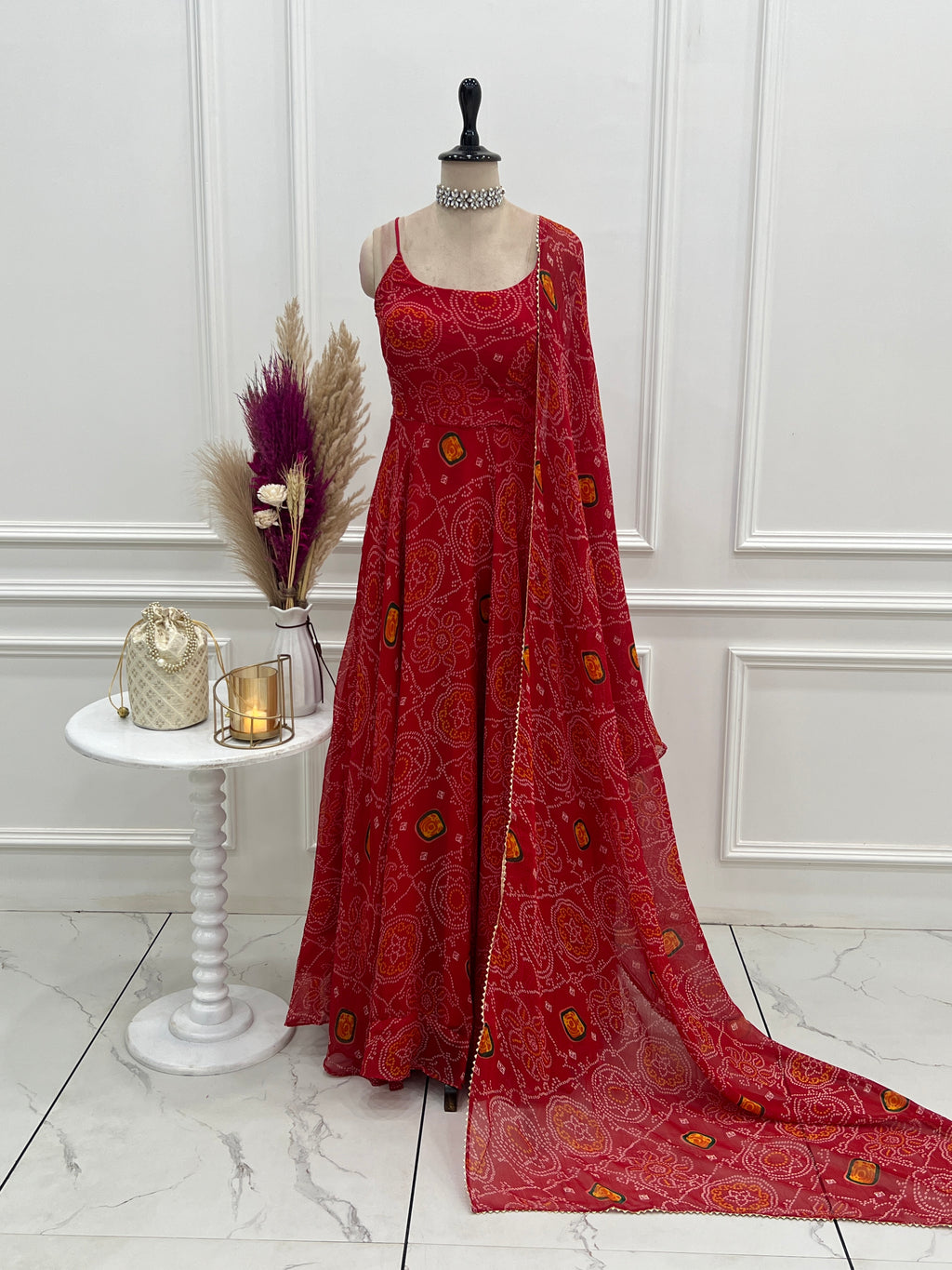 Lightweight Chiffon Bandhej 8M Flair Gown with Backless Dori Detail & Lace Dupatta