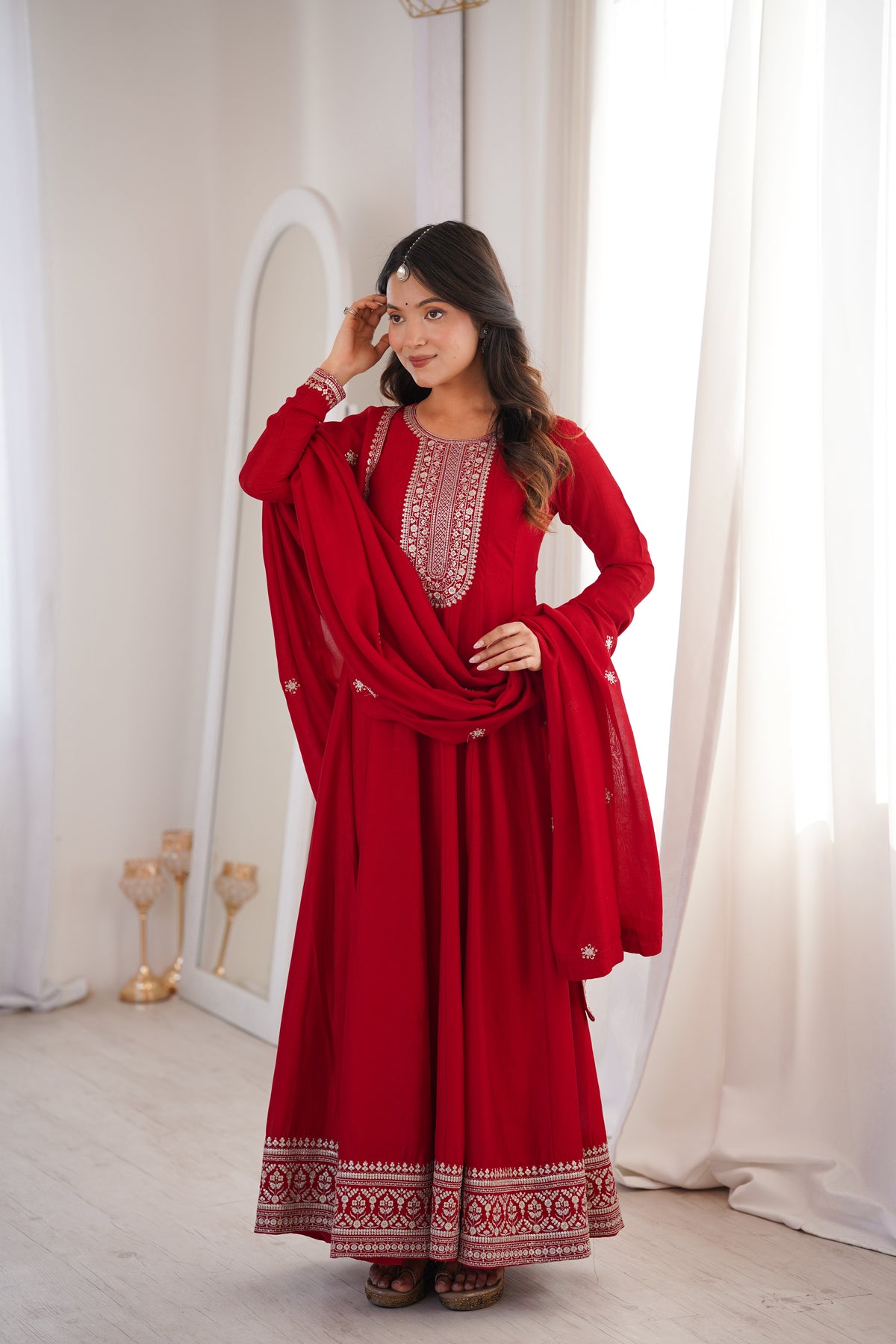 Dark Red Vichitra Silk Kali Anarkali Gown with Jari & Sequin Work Dupatta