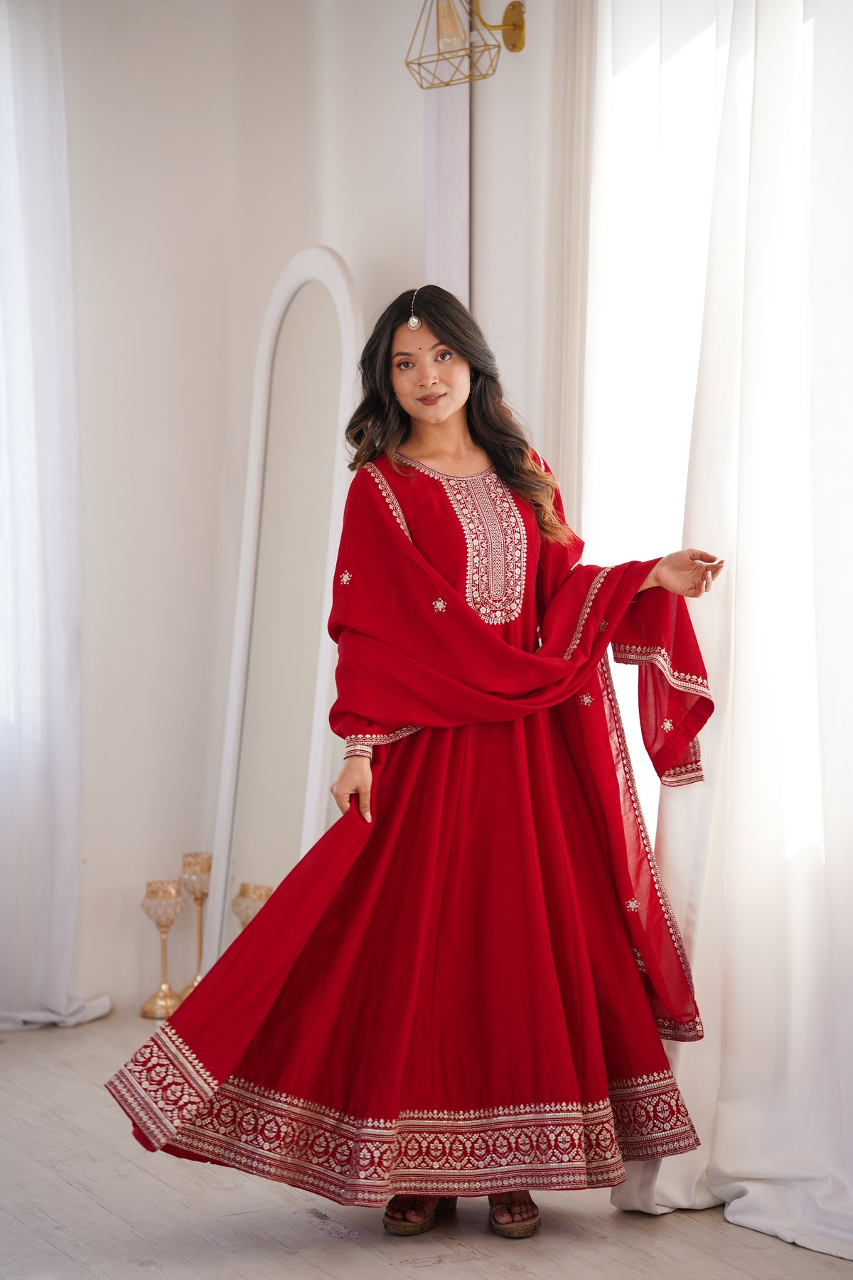 Dark Red Vichitra Silk Kali Anarkali Gown with Jari & Sequin Work Dupatta