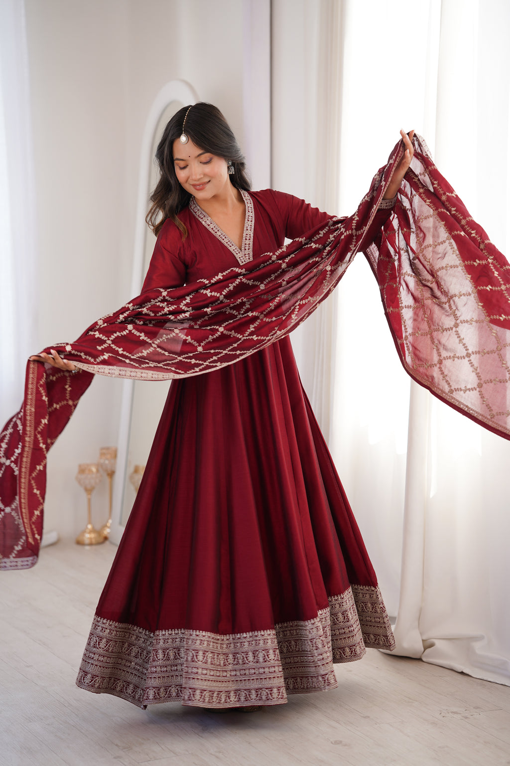Premium Rust Crunchy Silk Anarkali Gown with Jari, Sequin & Beadwork Dupatta
