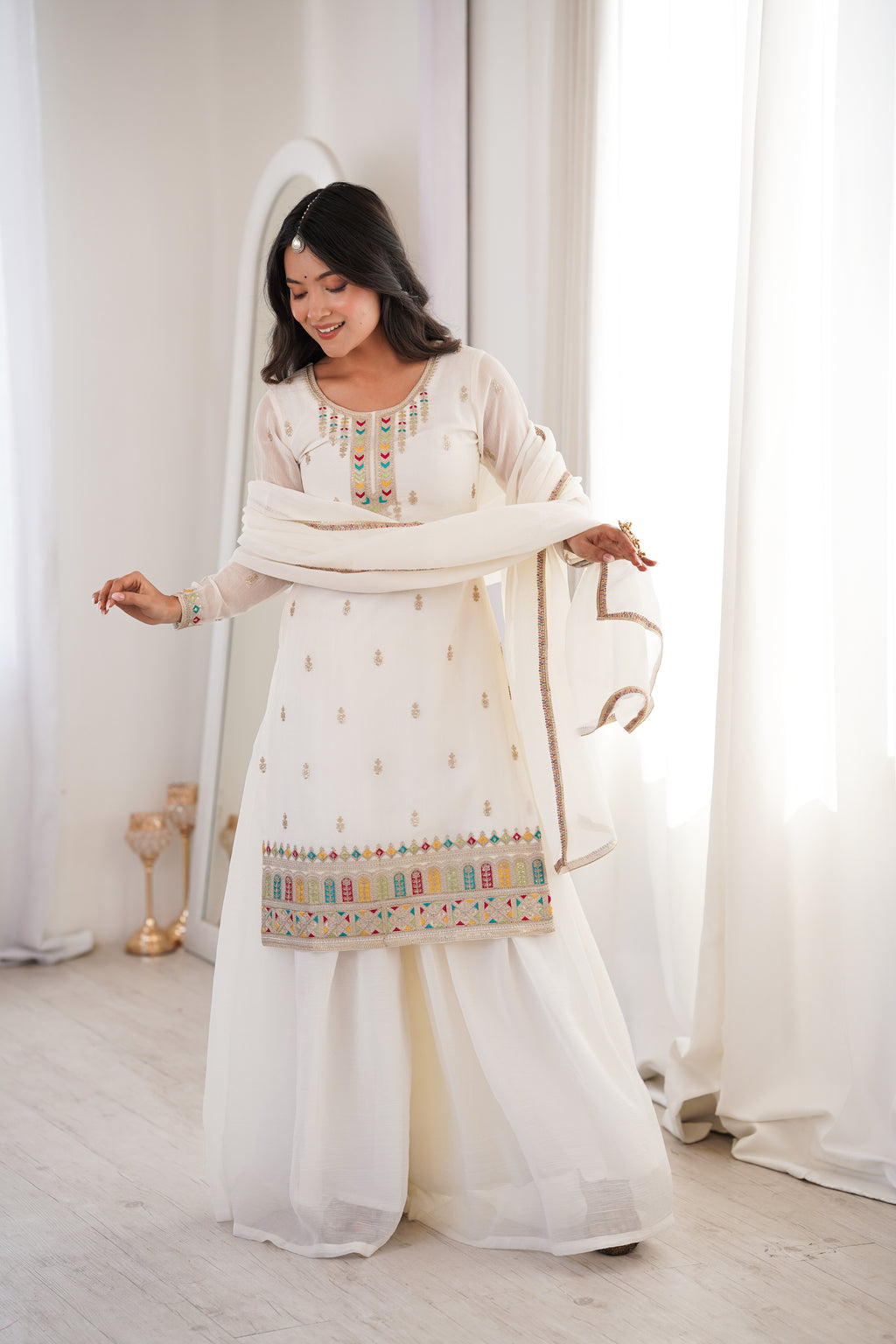 Premium Crunchy Silk Embroidered Sharara Set with Multicolor Lace Dupatta