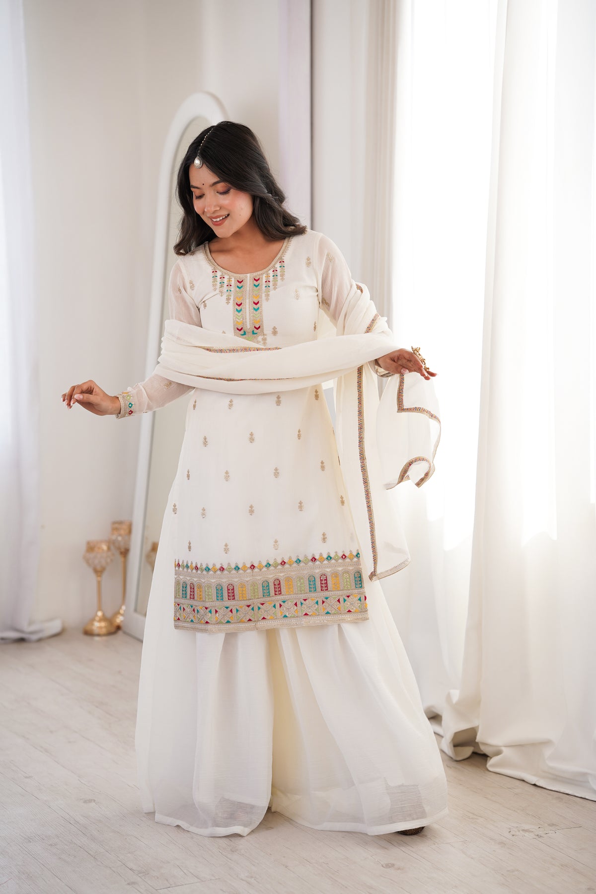 Premium Crunchy Silk Embroidered Sharara Set with Multicolor Lace Dupatta